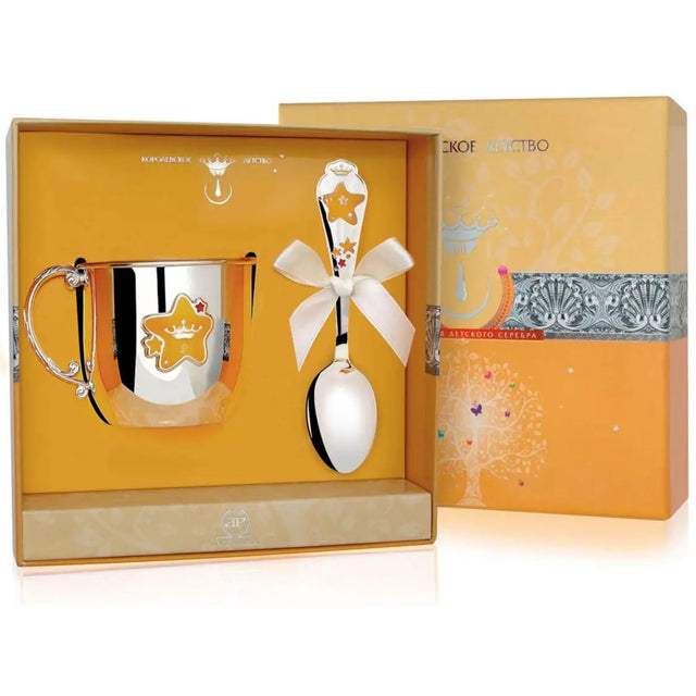 Taufgeschenk Mädchen 925 Silber Sterne gelb-rot Geschenkset 2-teilig Becher Löffel Königliche Kindheit.