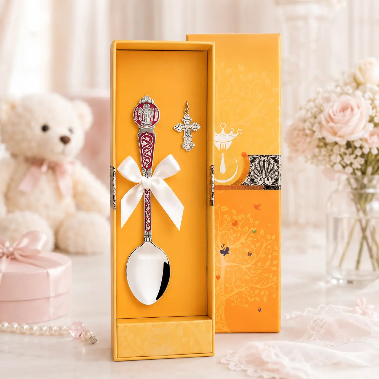 Taufgeschenk für Mädchen aus 925 Silber mit rotem Emaille-Tauflöffel und Silberkreuz im edlen Lifestyle-Ambiente