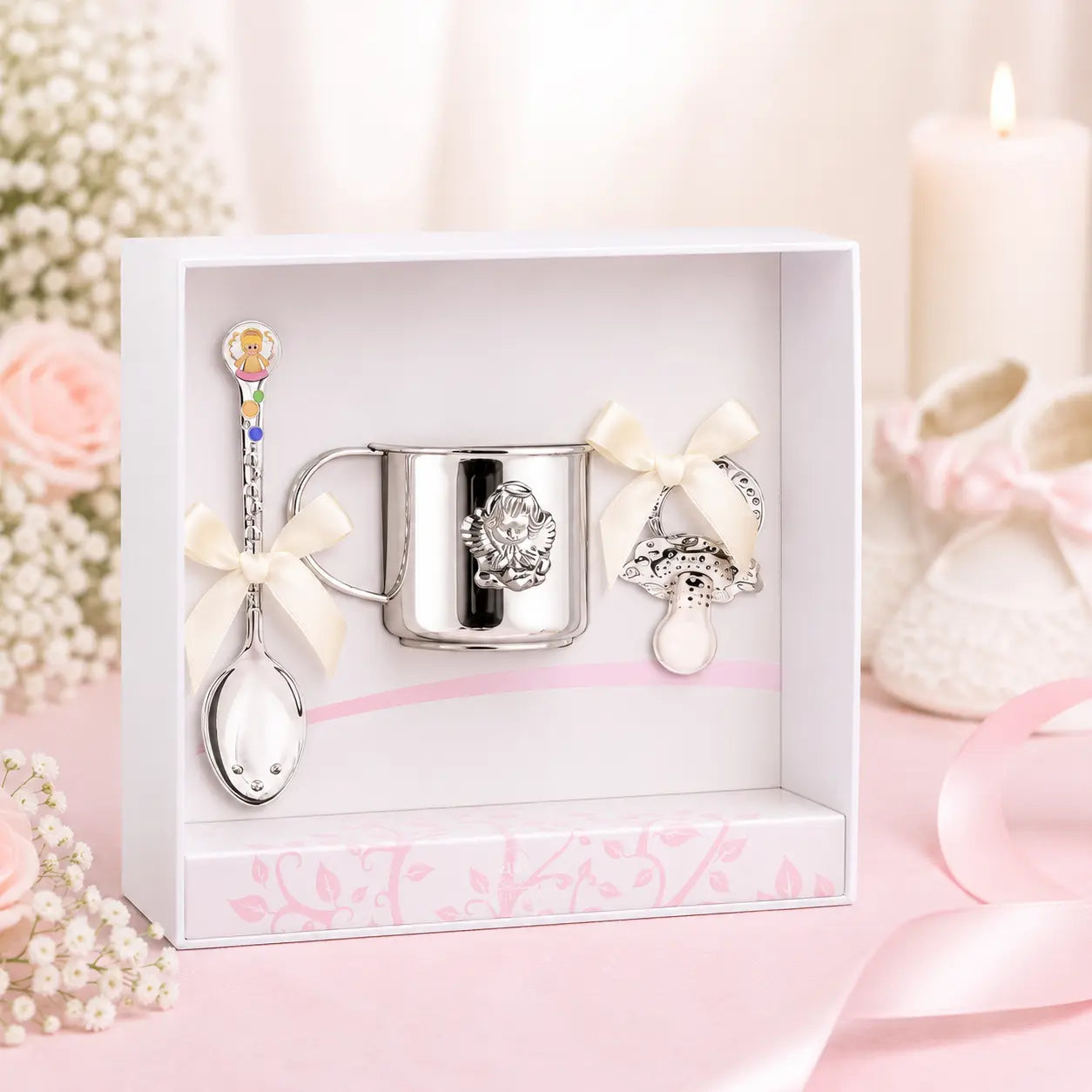 Taufgeschenk Set für Mädchen aus 925 Silber mit Engel-Becher, Kinderlöffel und Schnuller in rosa Geschenkbox zur Taufe