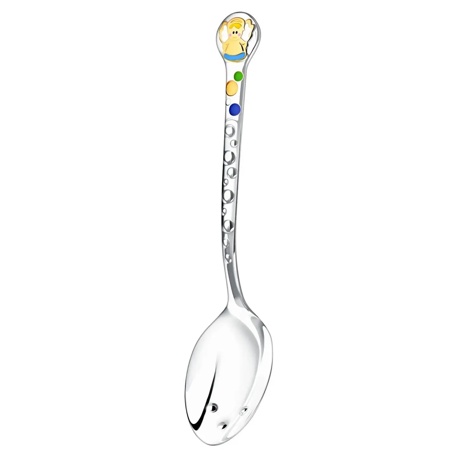 Tauf- und Babylöffel 925 Silber mit Emaille Engel-Motiv in Gold & Blau, taktile Punkte – personalisierbares Geschenk zur Taufe für Jungen.