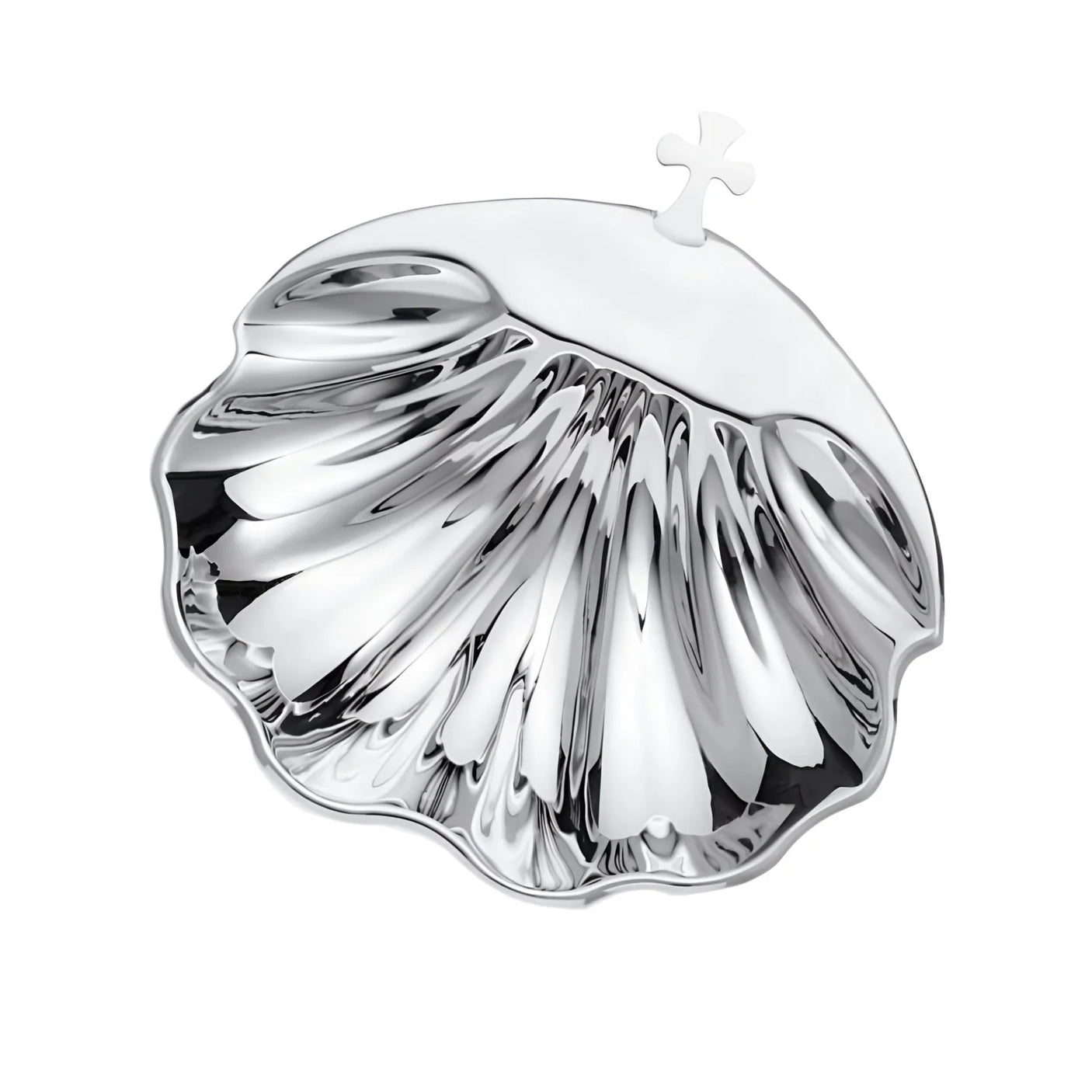 Taufschale 925 Silber Madrid, 9×10 cm, Muschel- und Kreuz-Motiv, poliert — gefertigt in Italien für die Taufzeremonie.