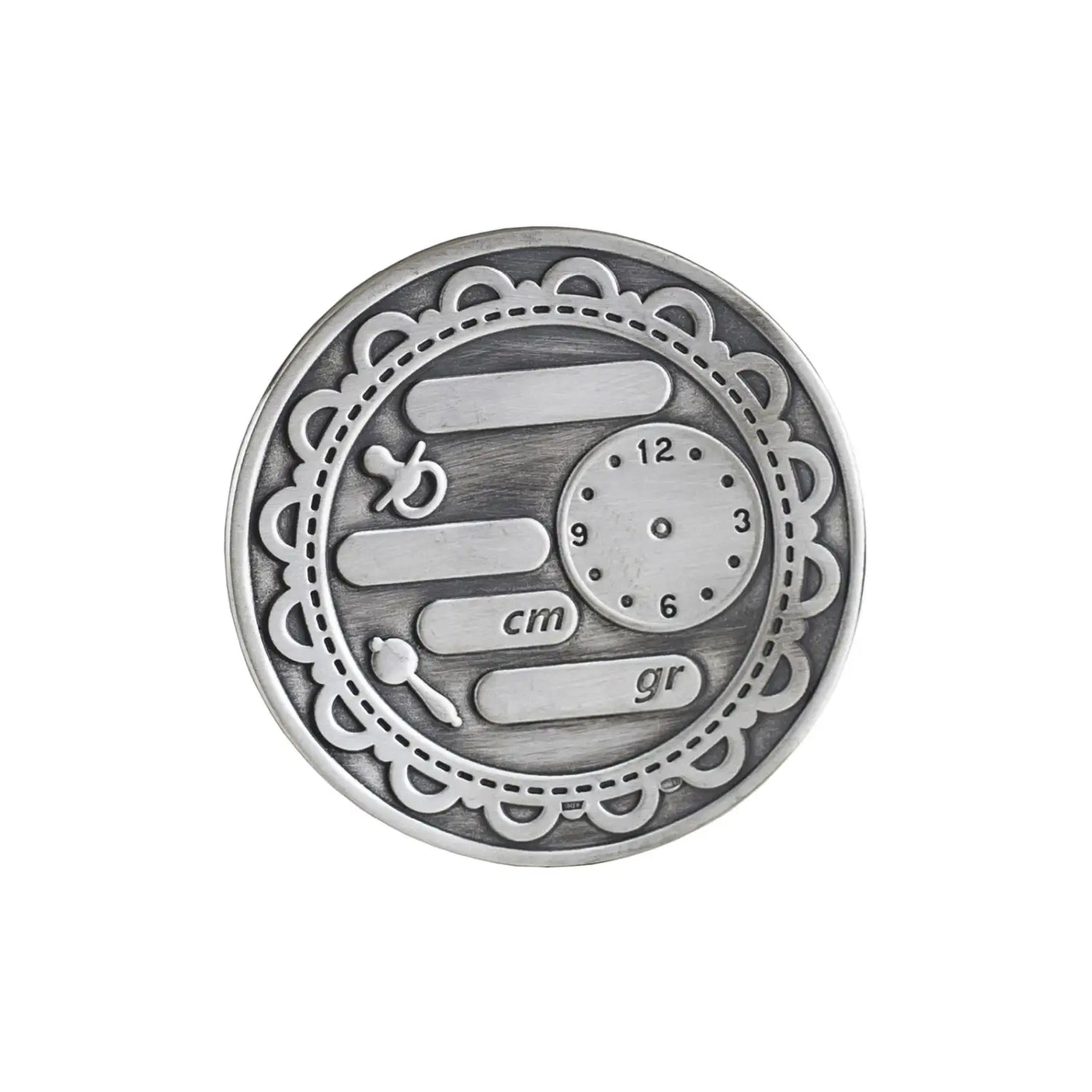 925 Silber Geburtstaler schwarz Rückseite. Felder für Name Datum Größe Gewicht Uhrzeit.