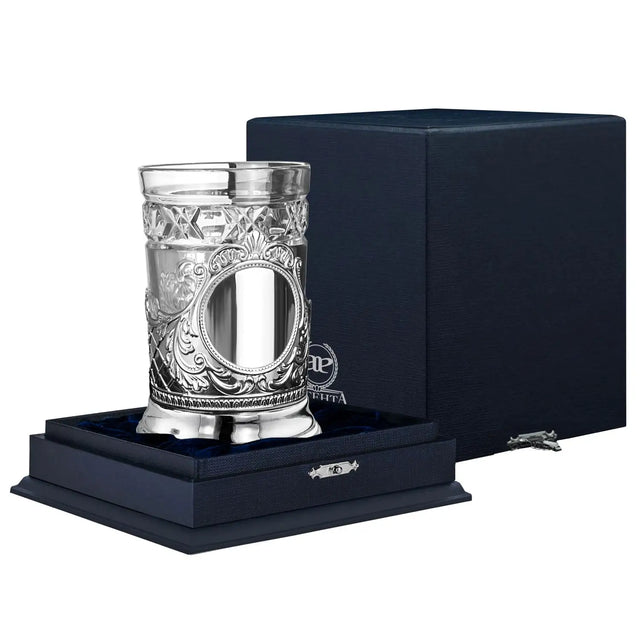 Teeglashalter „Barok“ aus 925 Silber – russischer Podstakannik mit Glas