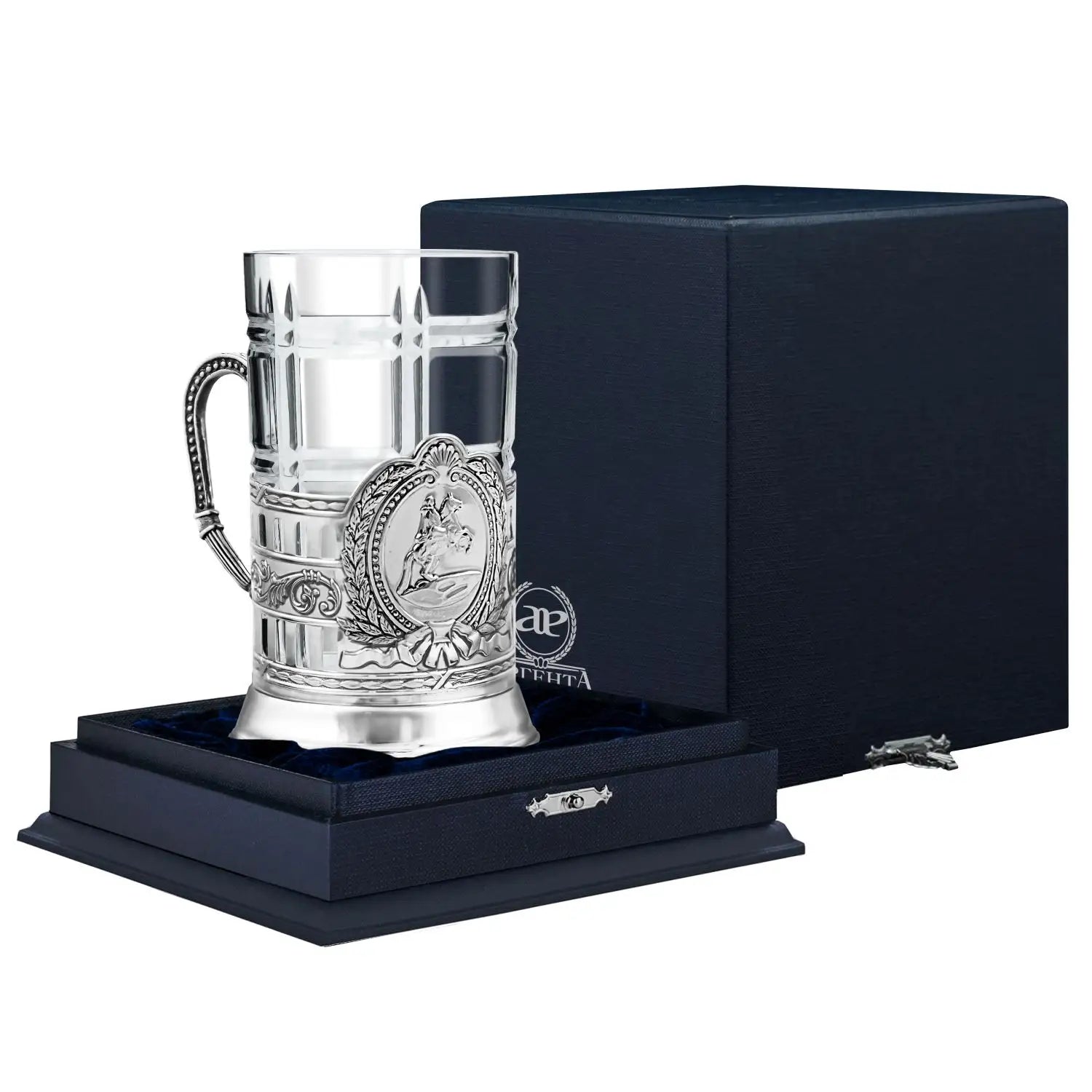 Teeglashalter „Bronzener Reiter“ aus 925 Silber mit Teeglas