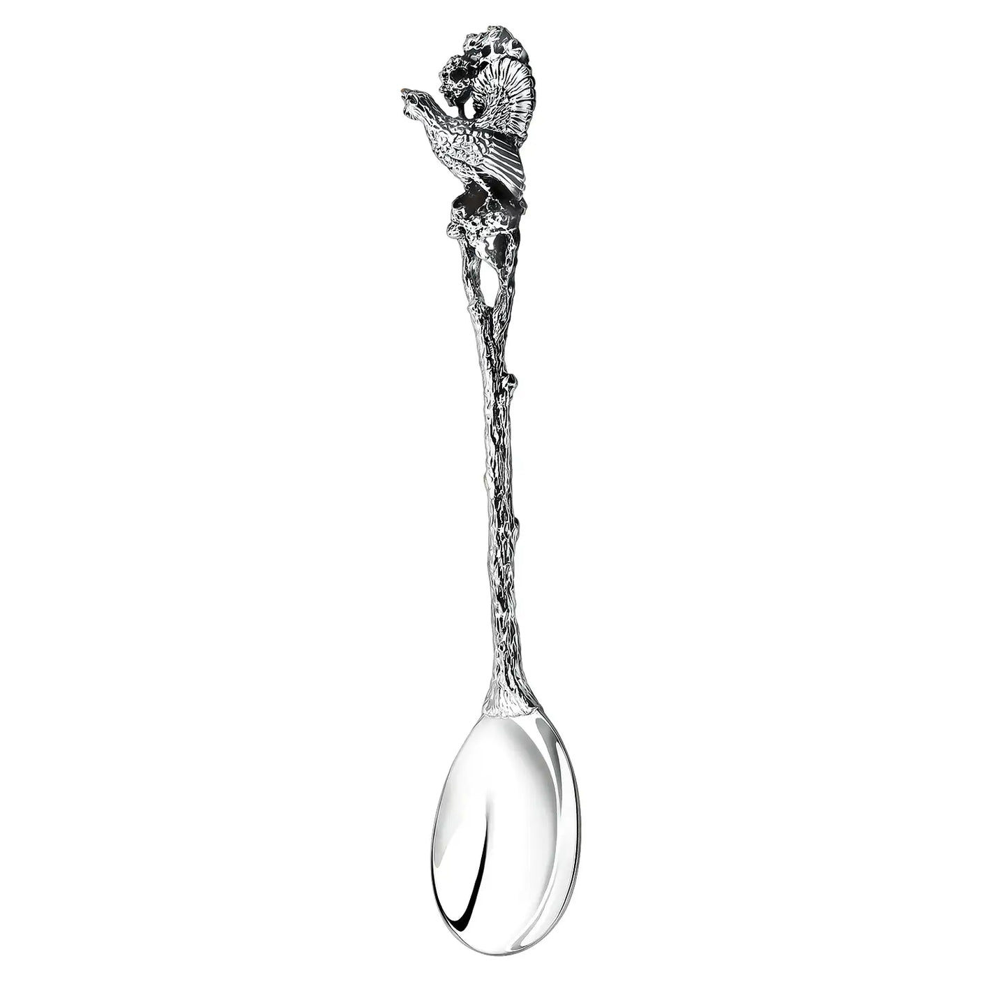 Teelöffel 925 Silber Auerhahn ArgentA — filigraner Zweig-Stiel mit plastischer Auerhahn-Skulptur als Krönung (gefächerter Schwanz, Federdetails), antik patiniert in den Vertiefungen, hochglanzpolierte Laffe