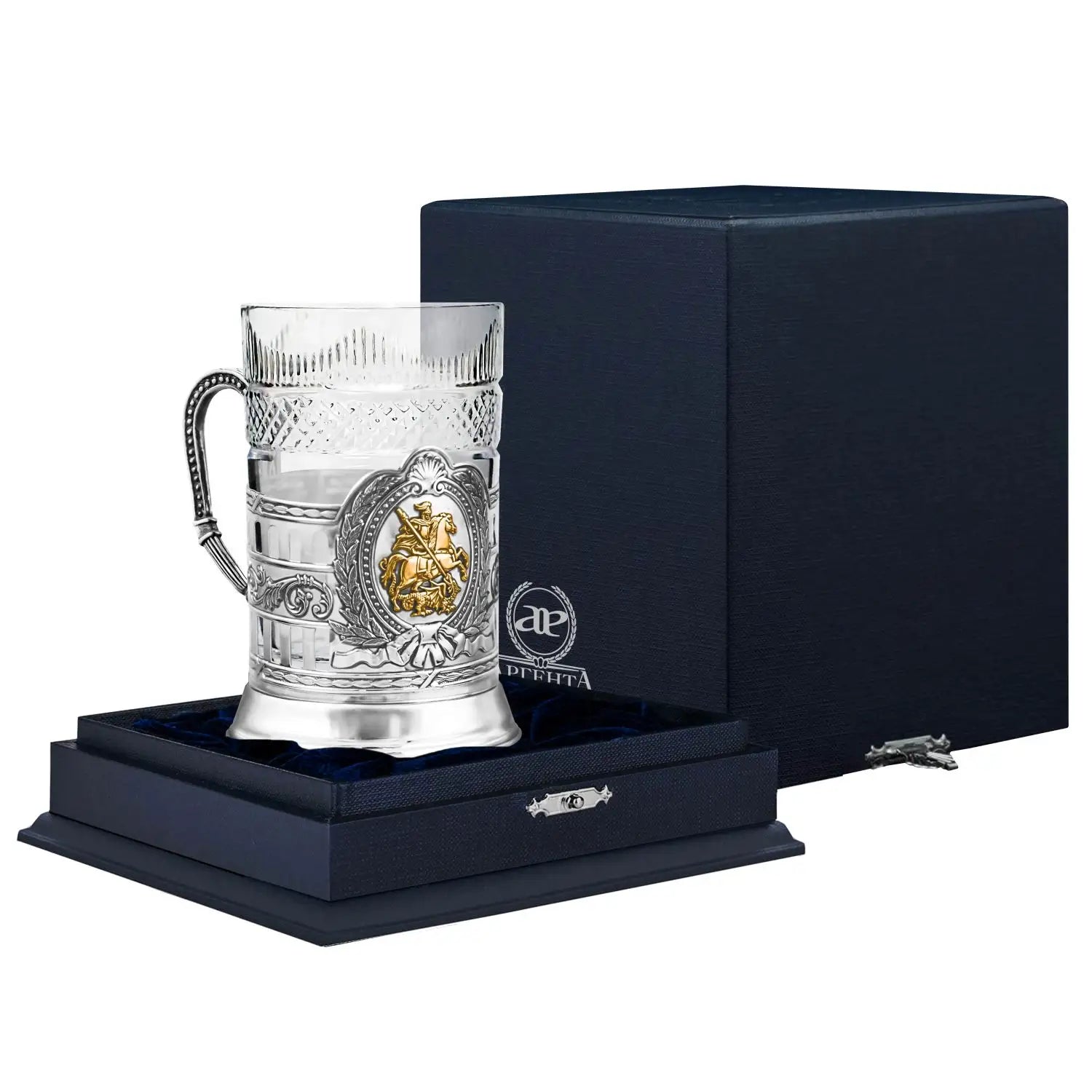 Teeglashalter „St. Georg der Siegreiche“ aus 925 Silber vergoldet