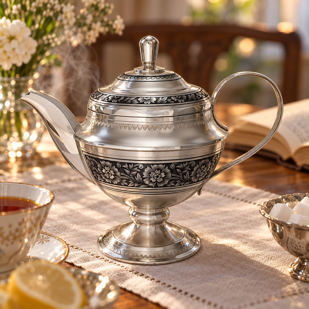 Teekanne 925 Silber Niello 450 ml — Lifestyle-Setting am Teetisch