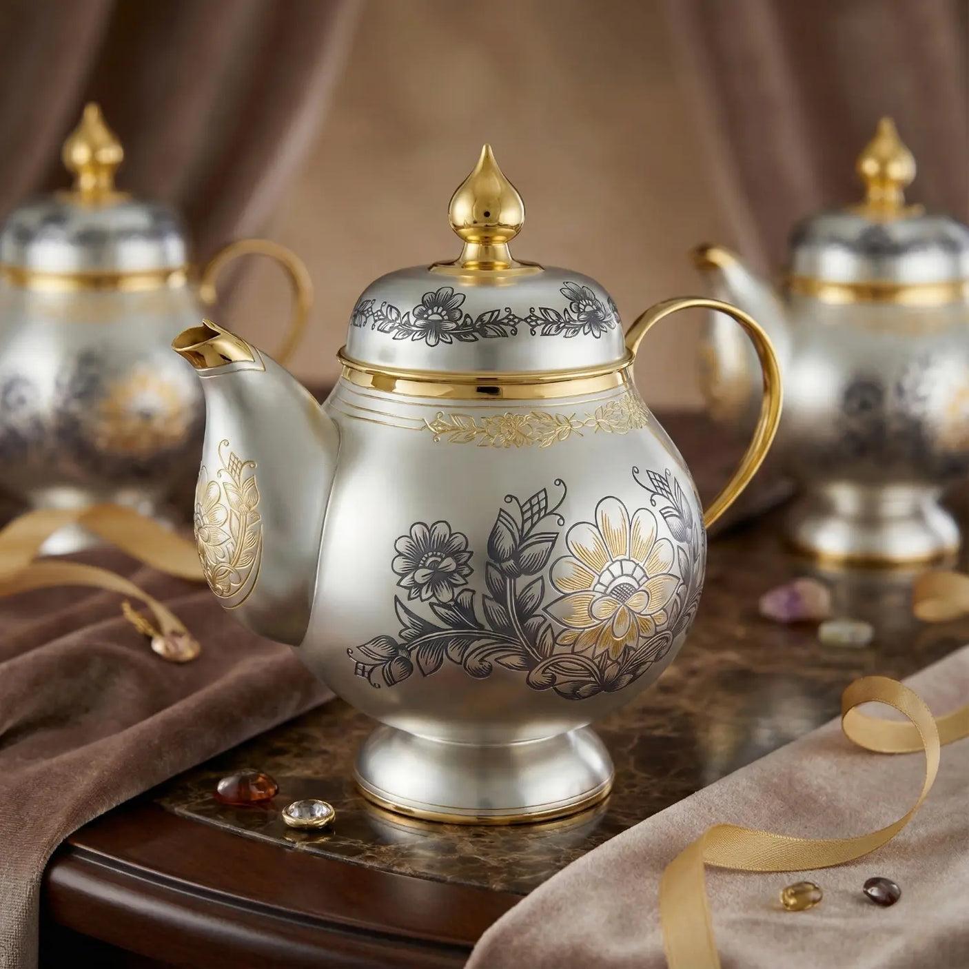 Teekanne 925 Silber Niello | Astra Classic | Blumenmuster vergoldet