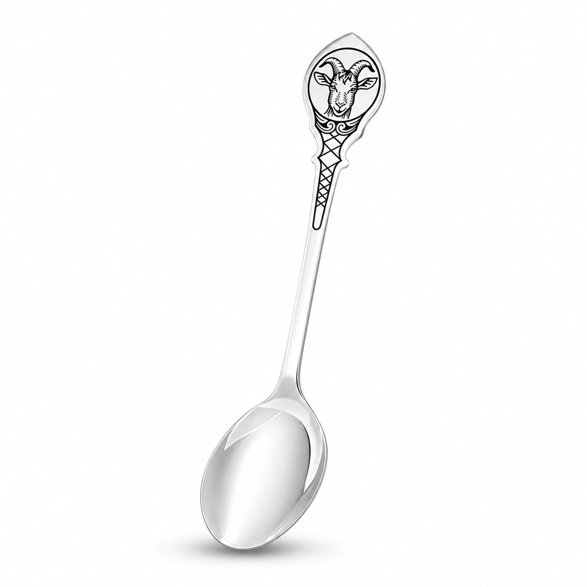 Teelöffel Ziege 925 Silber Niello — Ziegenkopf im Medaillon am Stielende, Rautenmuster am Stiel, Geschenk für Ziege-Jahrgänge