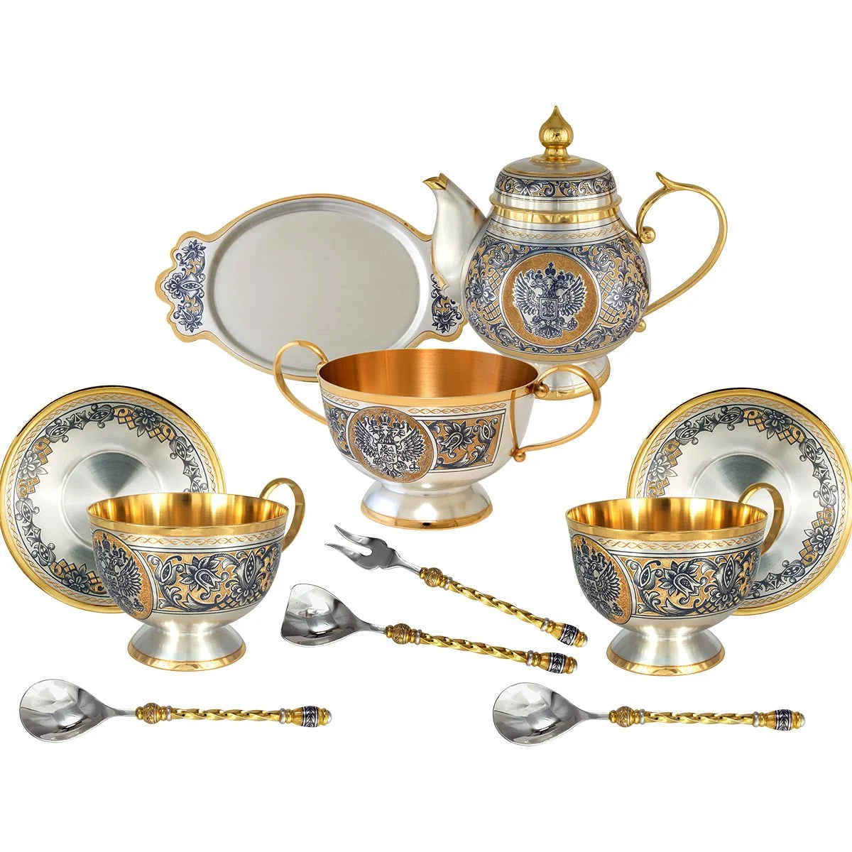 Teeservice 925 Silber vergoldet Niello Souverän — Kanne, Zuckerschale, zwei Tassen mit Untertassen, zwei Löffel, Tablett