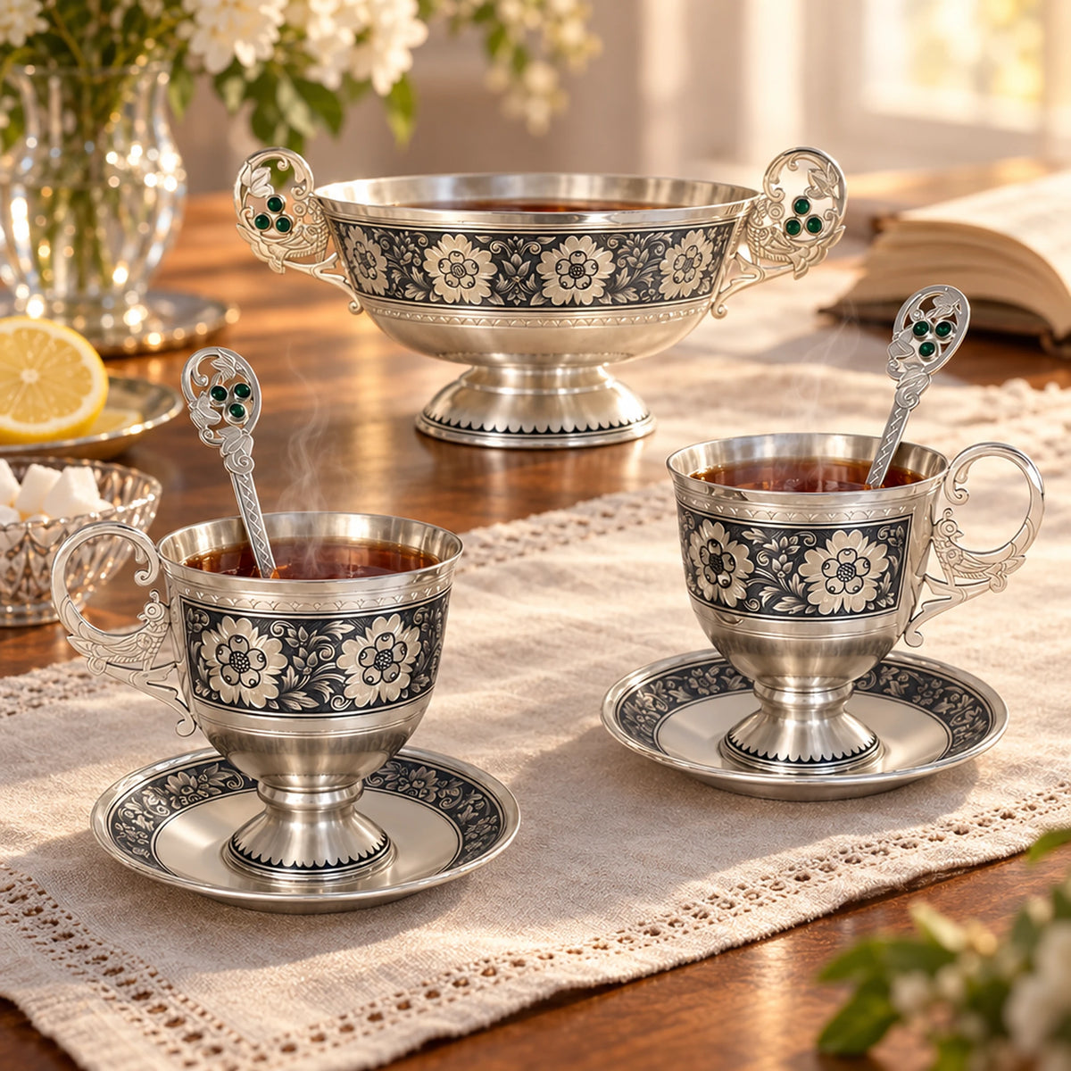 Teeservice 925 Silber mit Niello Für Zwei — Lifestyle-Setting am Teetisch