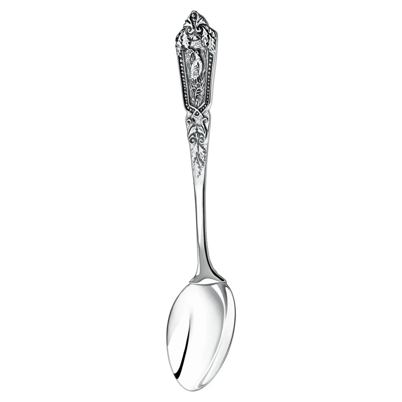 Teelöffel 925 Silber Königliche Jagd — mit Fasan-Skulptur am Stielende und Eichenlaub-Ornamentik, ArgentA