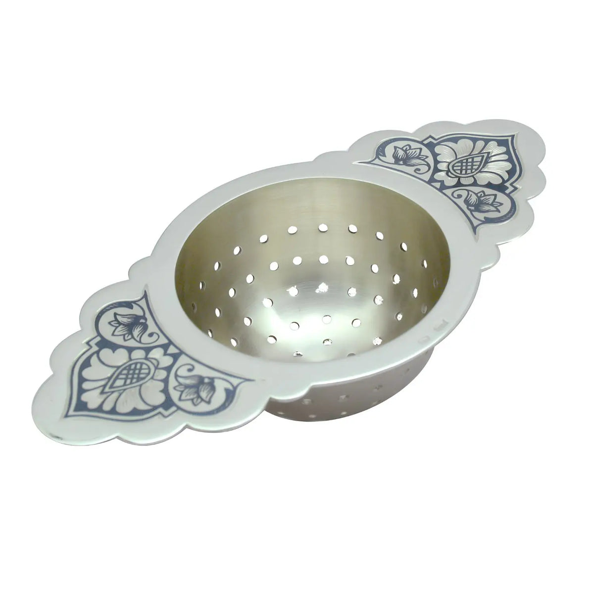 Teesieb aus 925 Silber mit Niello-Blütenornament an beiden Griffenden