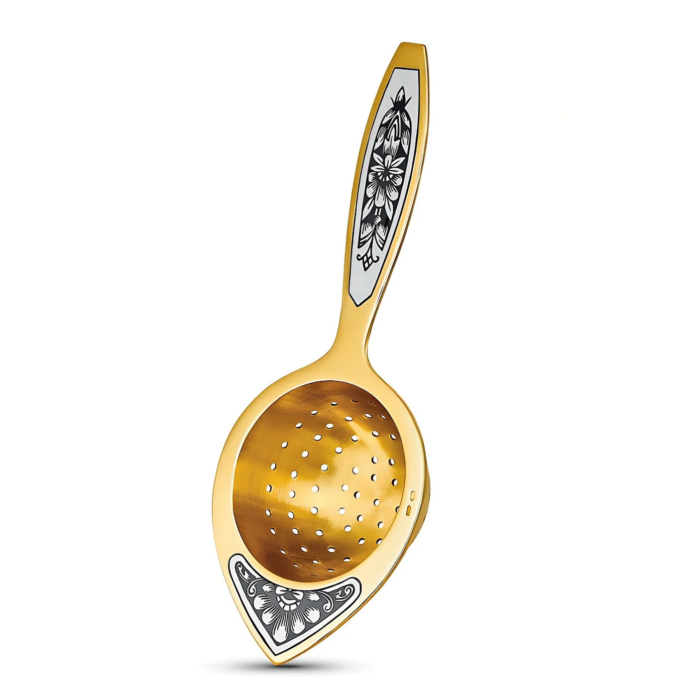 Teesieb 925 Silber vergoldet Niello — Einzelteil mit goldener Siebschale und Niello-Griff, Detailansicht