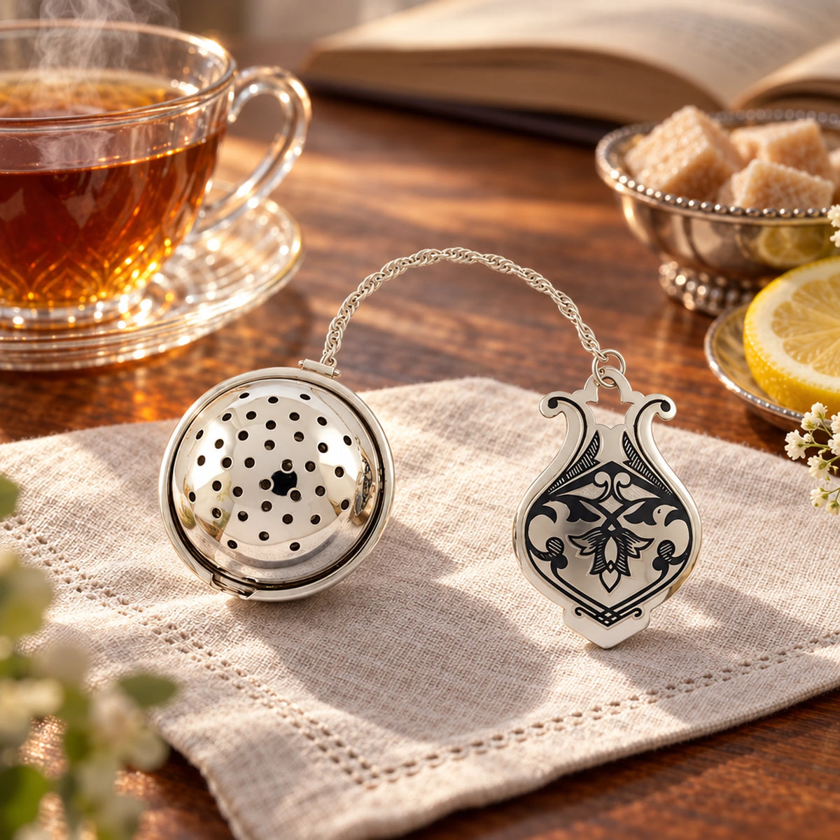 Das Teesieb „Nielloa TeeEi“ mit Kette - 925 Silber — Lifestyle-Setting am Teetisch