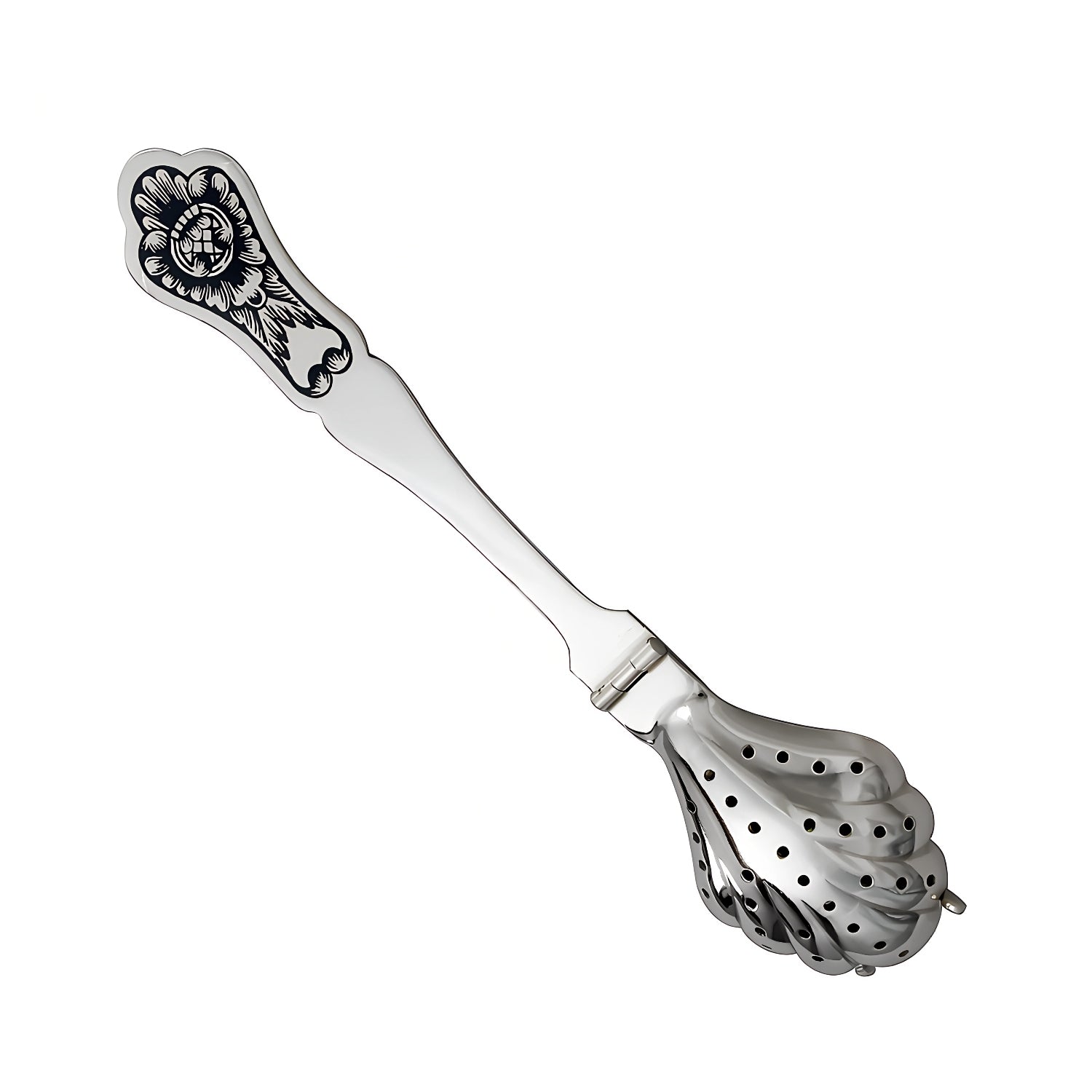 Edler Teesieblöffel aus 925er Silber mit kunstvollem Niello-Dekor in floralem Design und klassischer Form.