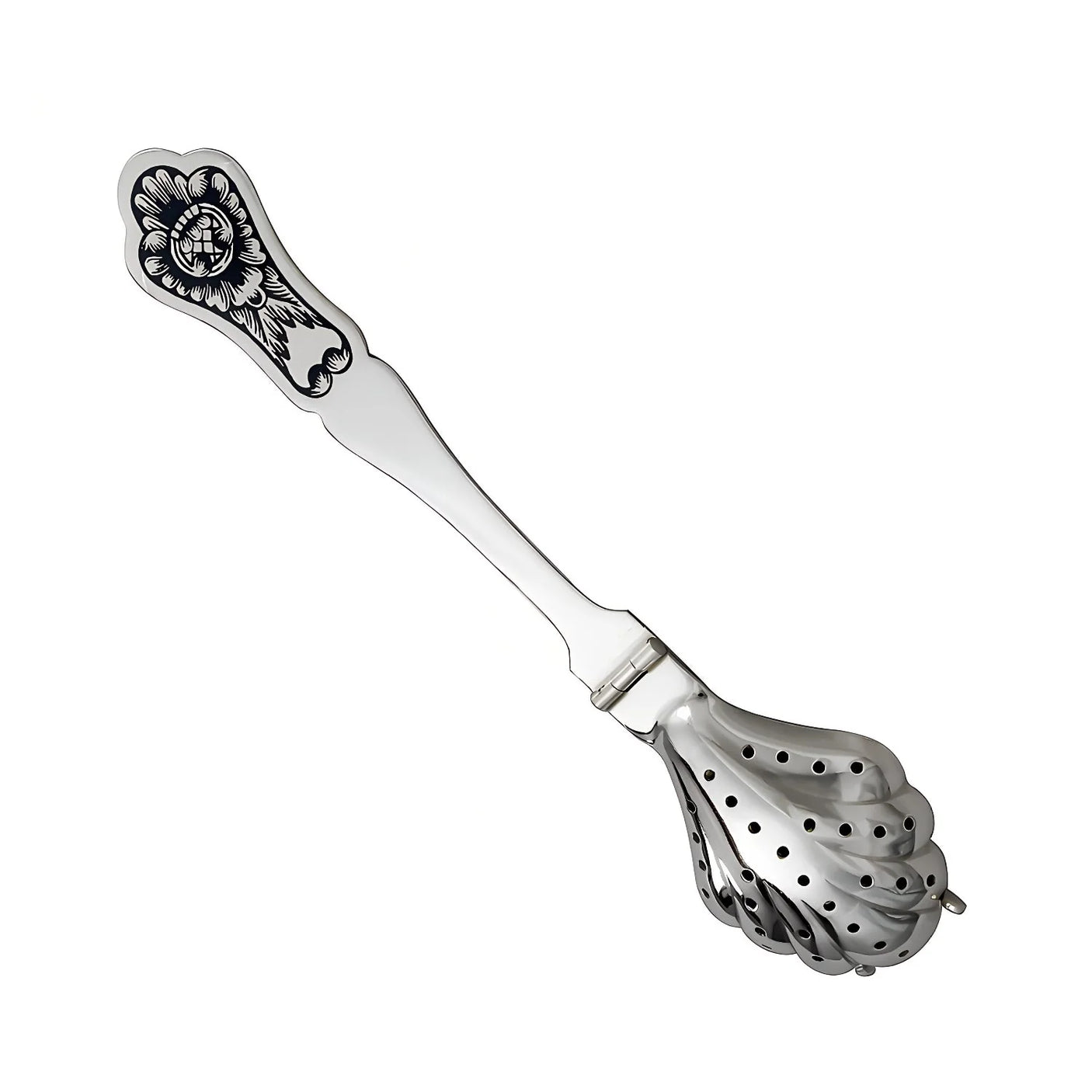 Edler Teesieblöffel aus 925er Silber mit kunstvollem Niello-Dekor in floralem Design und klassischer Form.