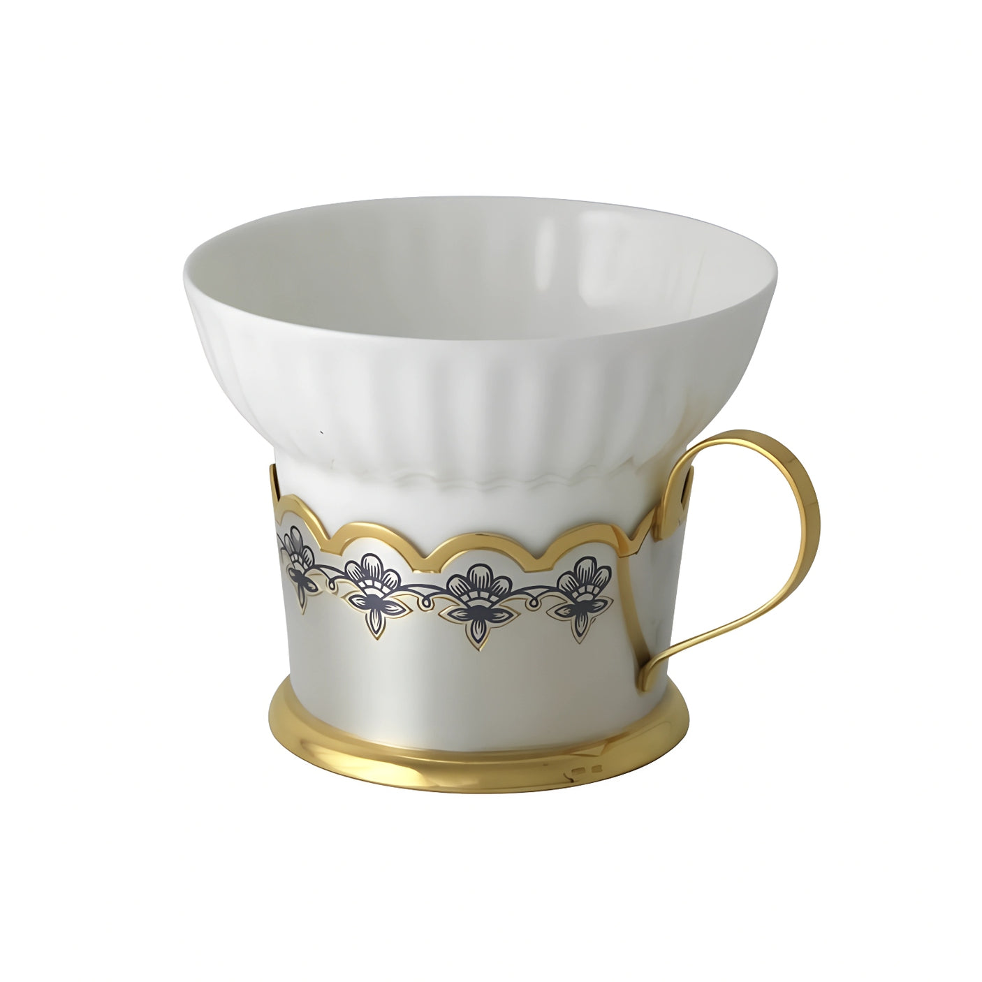 Teetasse 130 ml mit Porzellan & vergoldetem Silberhalter – Astra Classic, Niello-Verzierung, handgearbeitet.