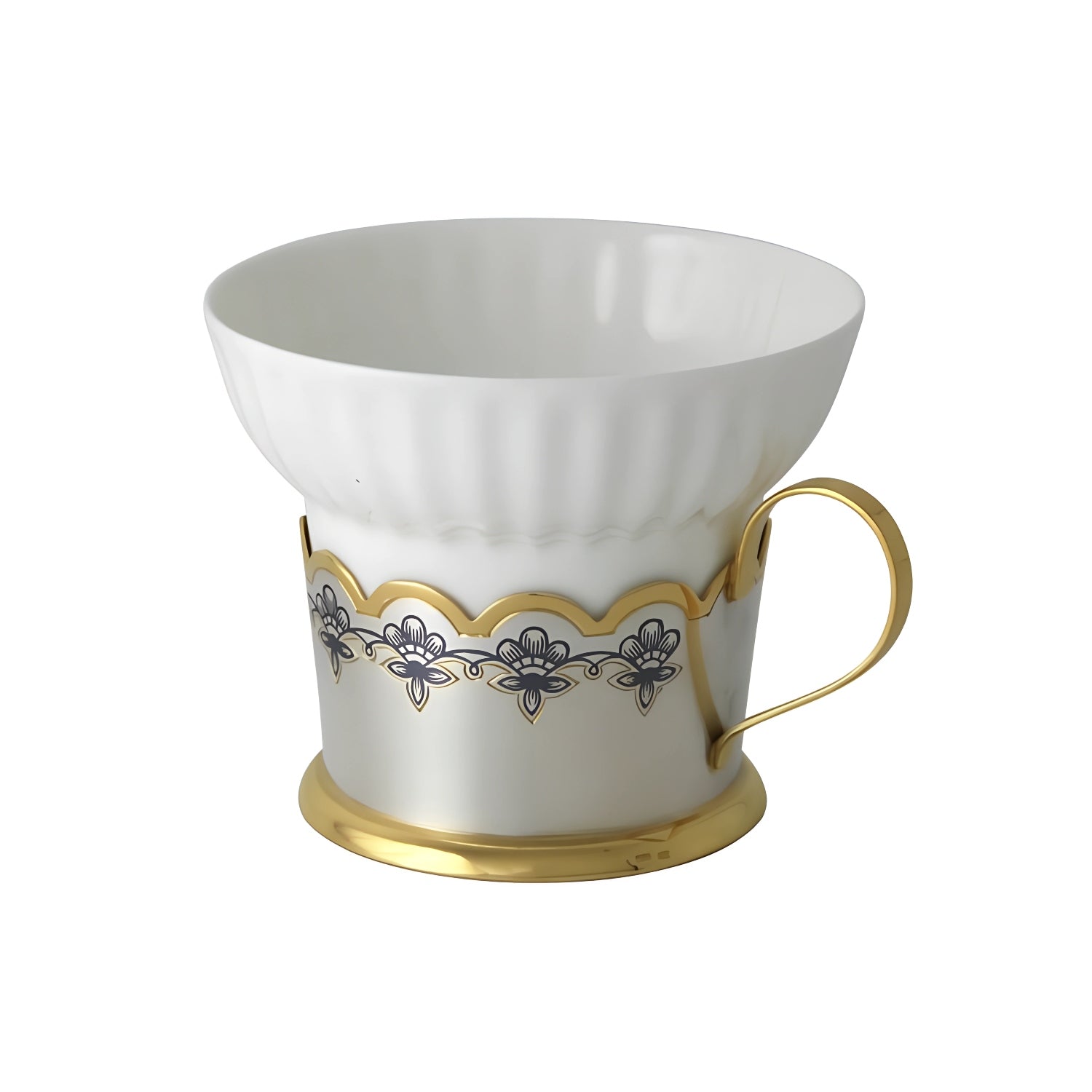 Teetasse 130 ml mit Porzellan & vergoldetem Silberhalter – Astra Classic, Niello-Verzierung, handgearbeitet.