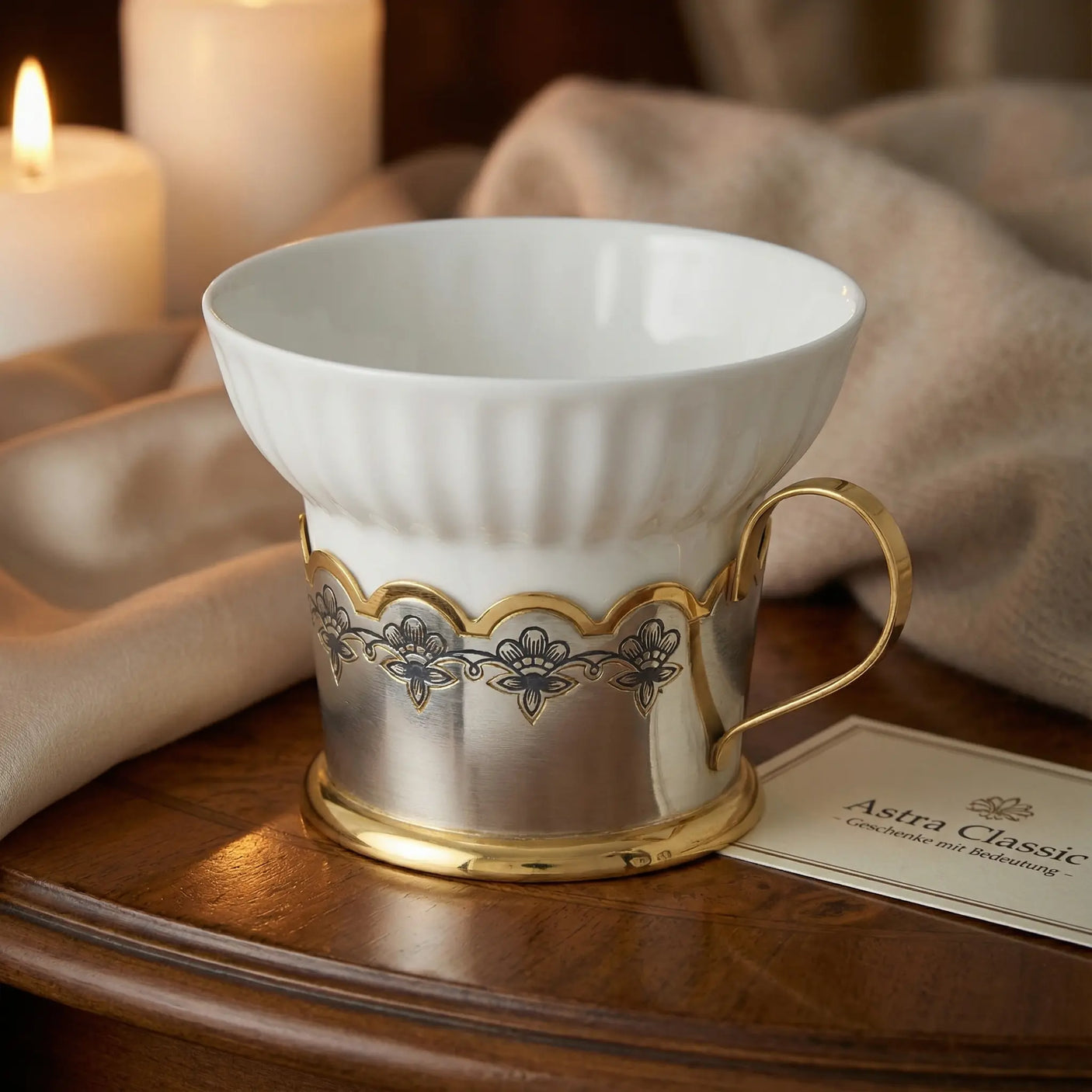 Teetasse Porzellan 925 Silber vergoldet Niello | Astra Classic | 130ml