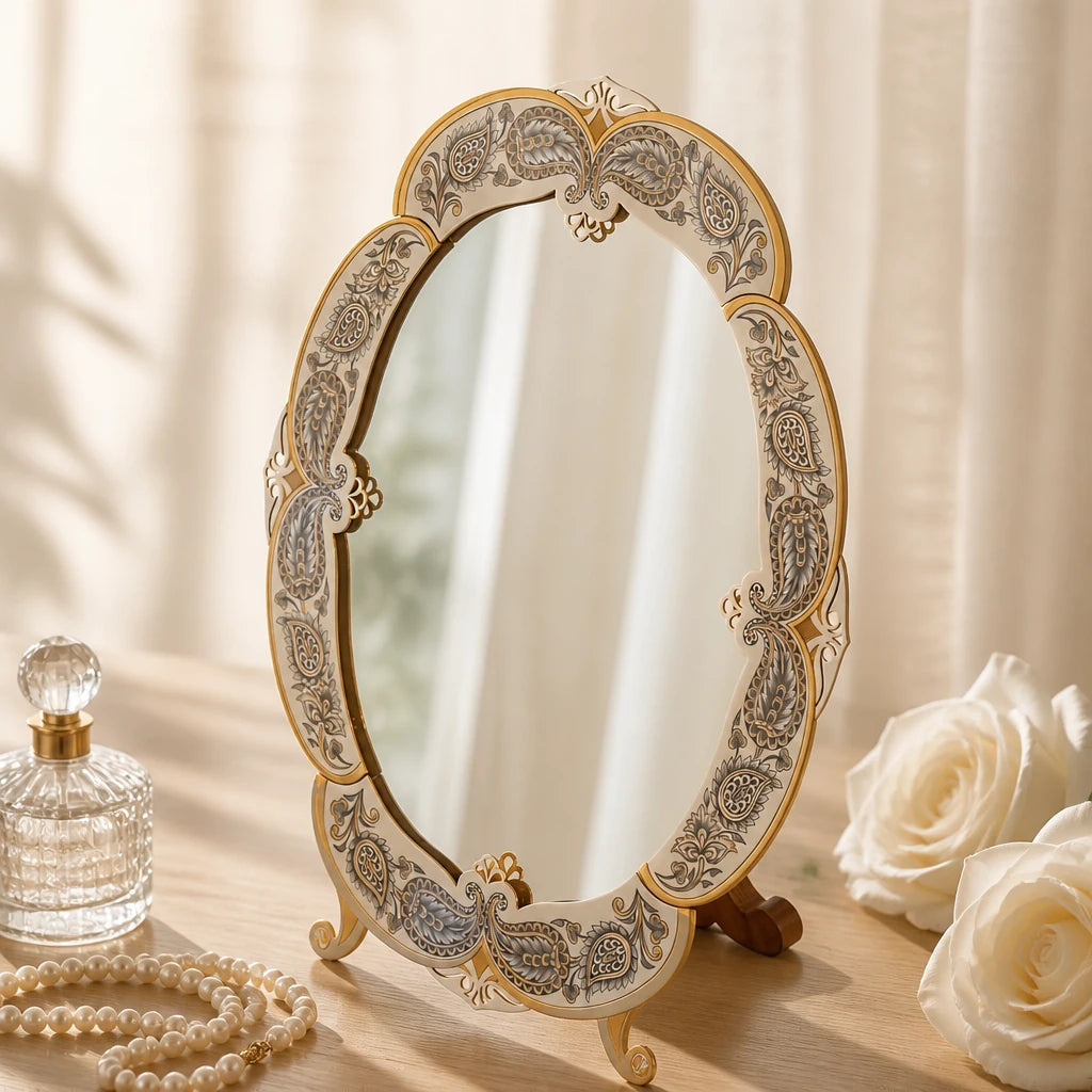 Tischspiegel 925 Silber Nielloa mit Paisley-Ornament auf hellem Schminktisch, Perlenkette, Parfumflakon und weiße Rosen — Lifestyle