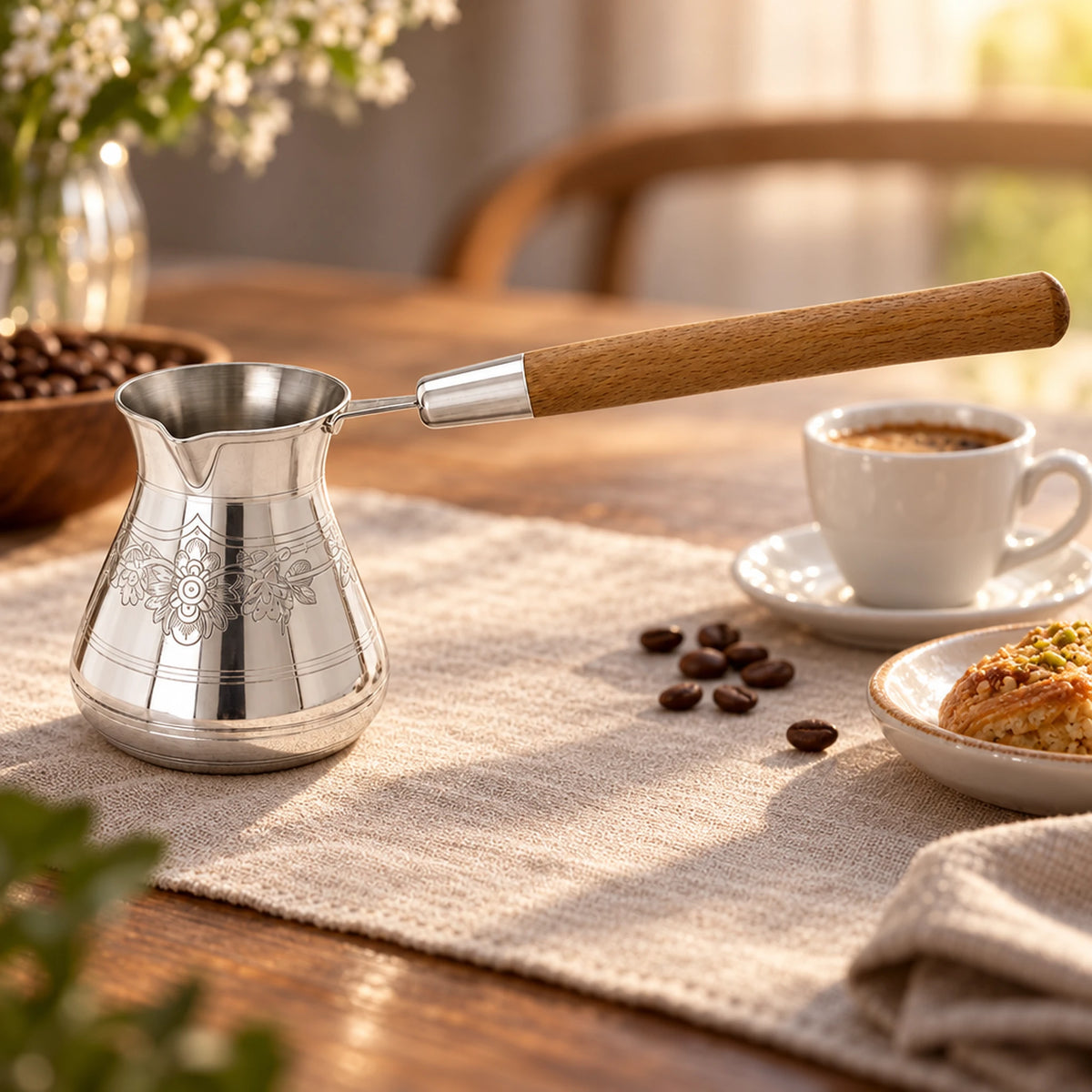 Türkische Kaffeekanne Silber 925 Pur-Gravur 200 ml — Lifestyle-Setting am Kaffeetisch
