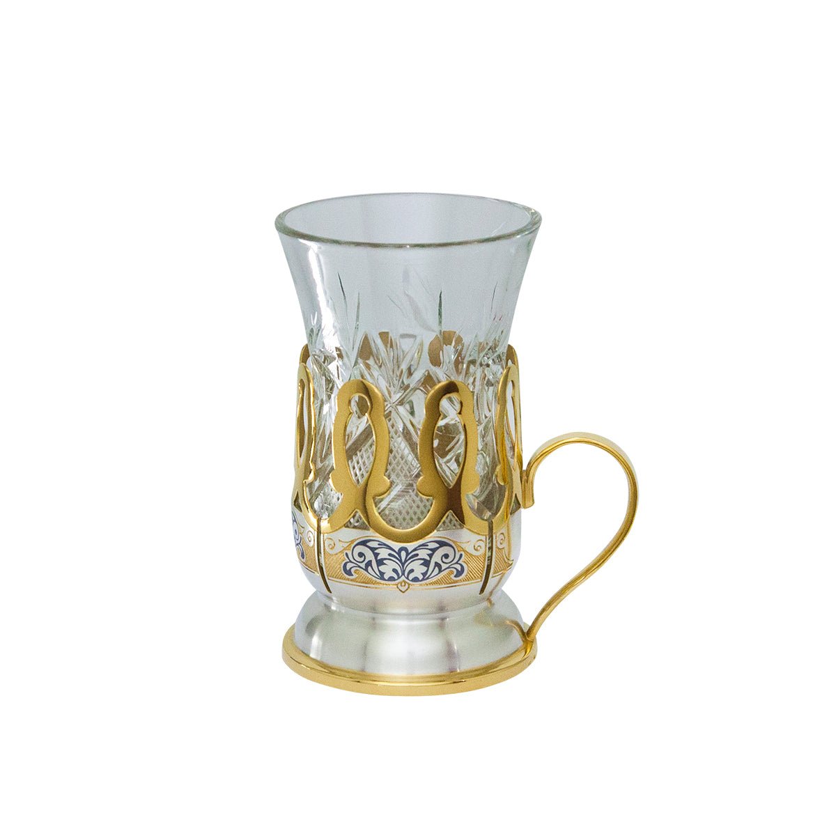 Orientalisches Teeglas aus Kristallglas im Halter aus 925 Silber mit Niello & Goldverzierung.