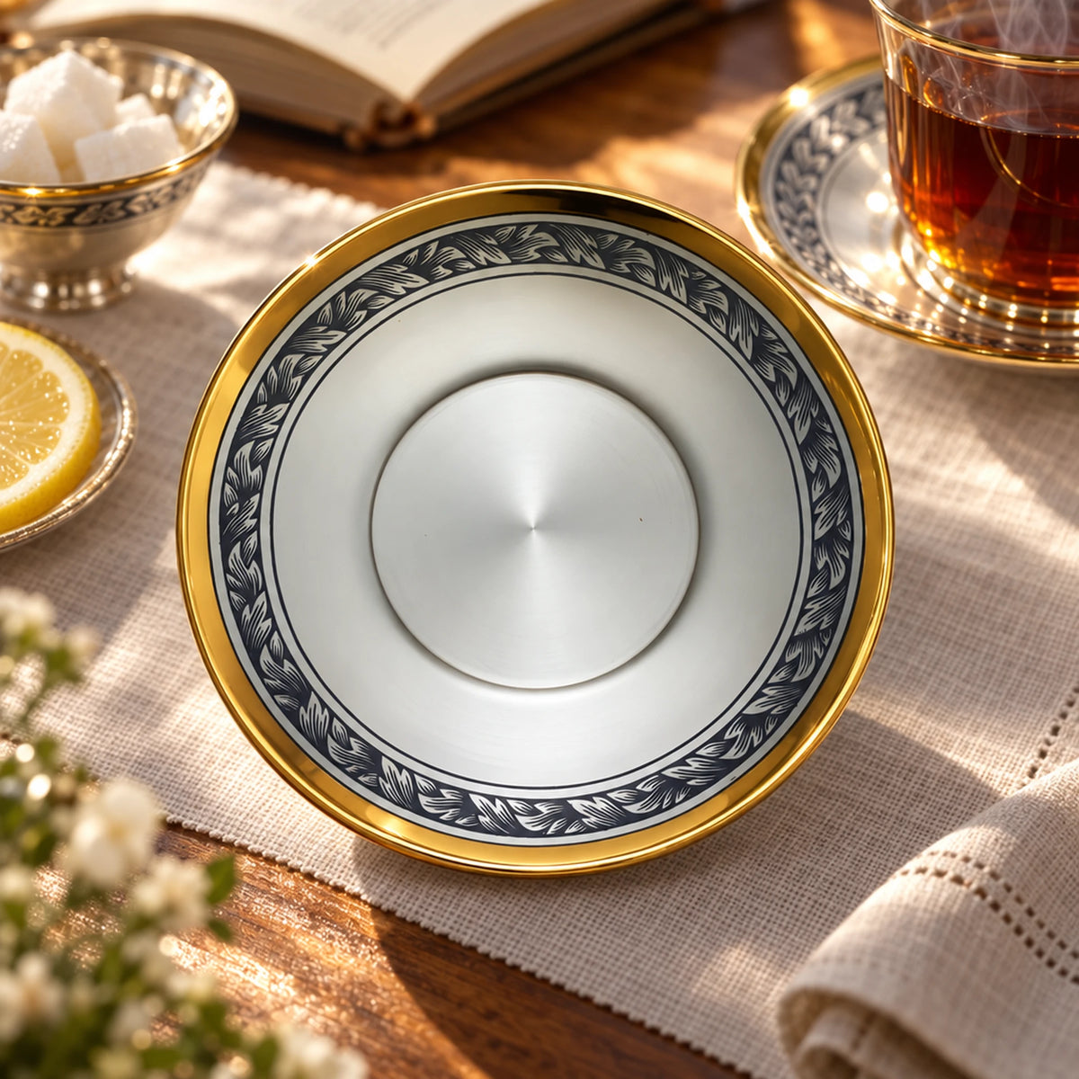 Untertasse 925 Silber vergoldet Niello — Lifestyle-Setting am Teetisch