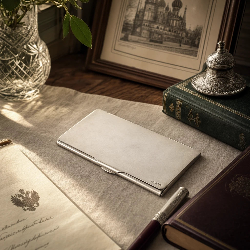 Visitenkartenetui Riflesso 925 Silber ArgentA — Lifestyle auf Vintage-Schreibtisch mit Tintenfass, alten Briefen, gestapelten Büchern und gerahmtem Stich, Bibliotheks-Atmosphäre