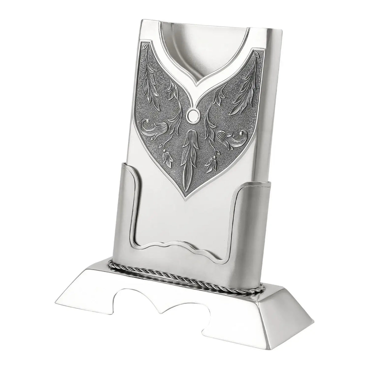 Visitenkartenhalter aus 925 Silber, Kartenetui mit punziertem Akanthus-Ornament steckt im Kartenständer mit Seilkordel
