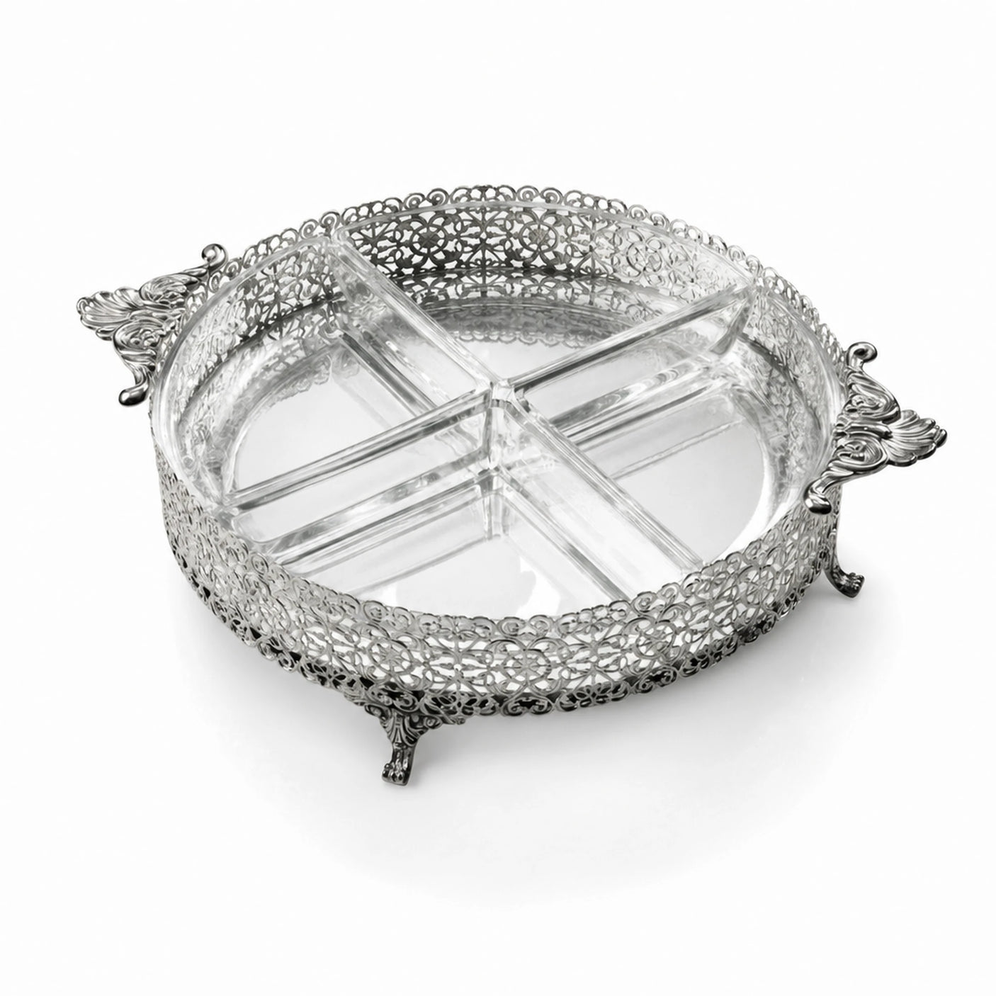 Vorspeisenschale 925 Silber mit Kristallglas — runde Filigran-Schale auf Füßen mit mehrfach unterteiltem Glaseinsatz, Tafel