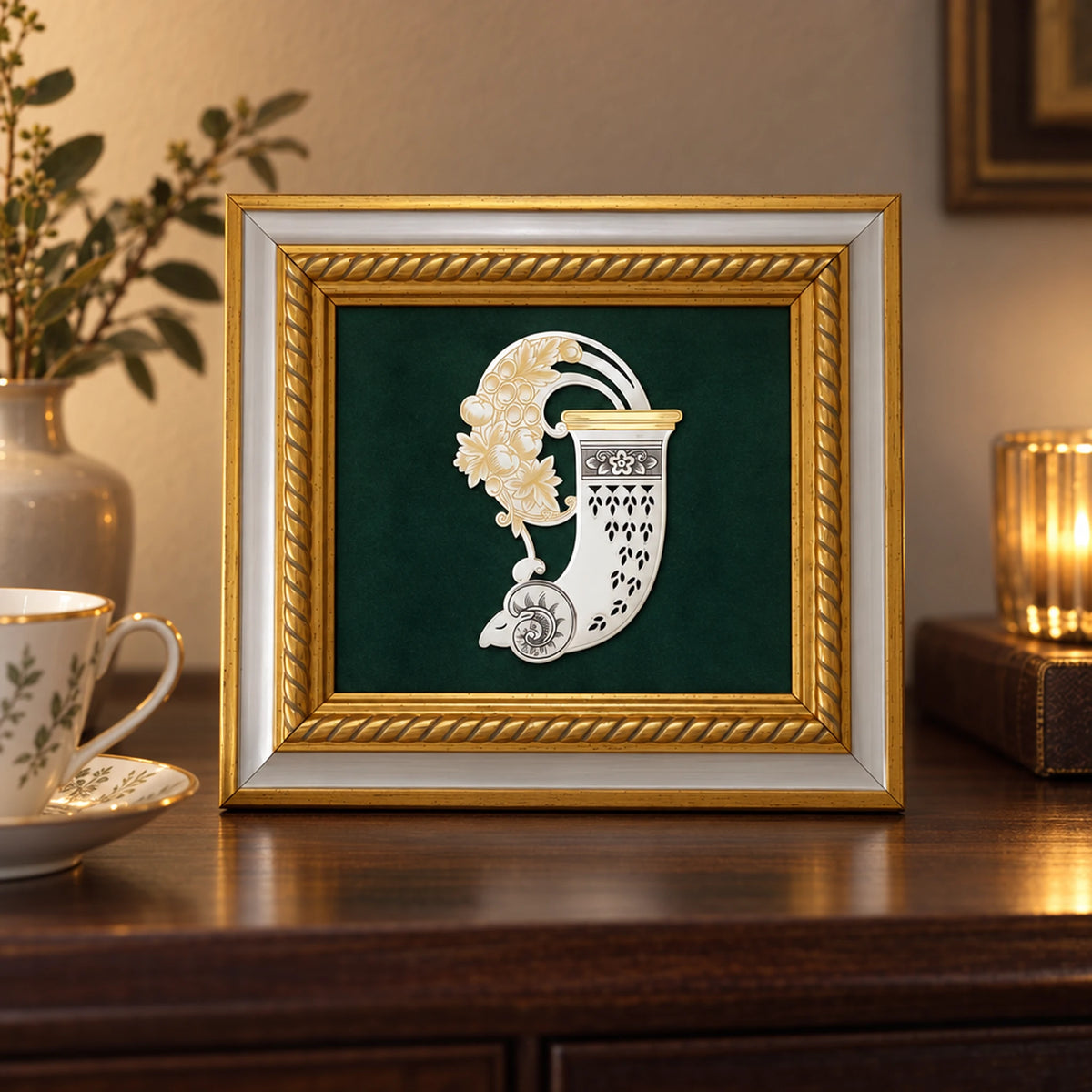 Wandbild Horn des Reichtums 925 Silber vergoldet, 16 × 16 cm, auf einer dunklen Kommode neben einer Teetasse