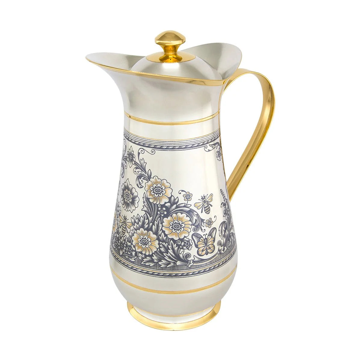 Wasserkaraffe 925 Silber vergoldet Nektar — Niello-Blüten und Bienen als Hochzeitsgeschenk