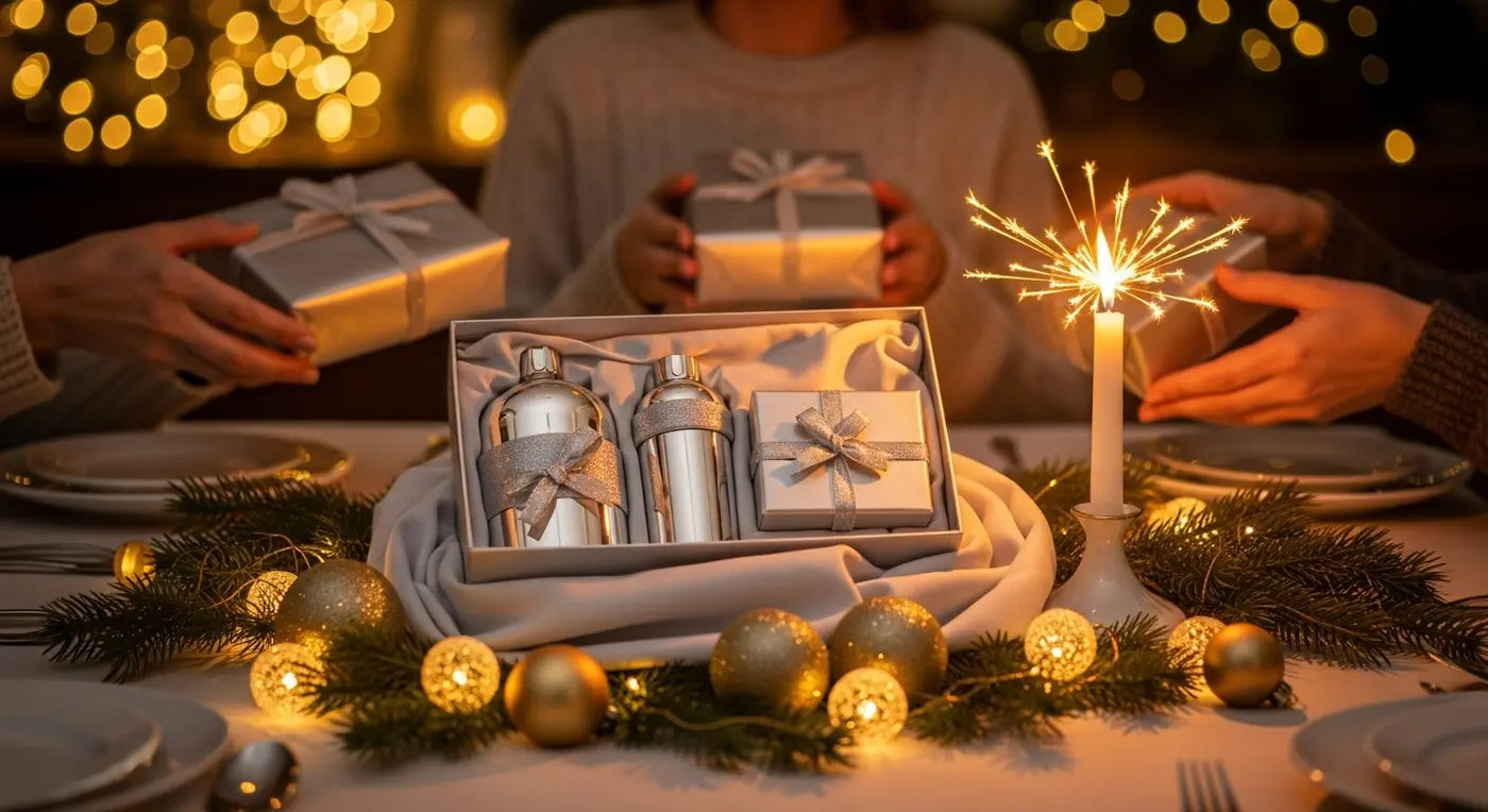 Weihnachtsgeschenke aus 925 Silber – festlich gedeckter Tisch mit Geschenkset, Kerzenlicht und Familie im Hintergrund.