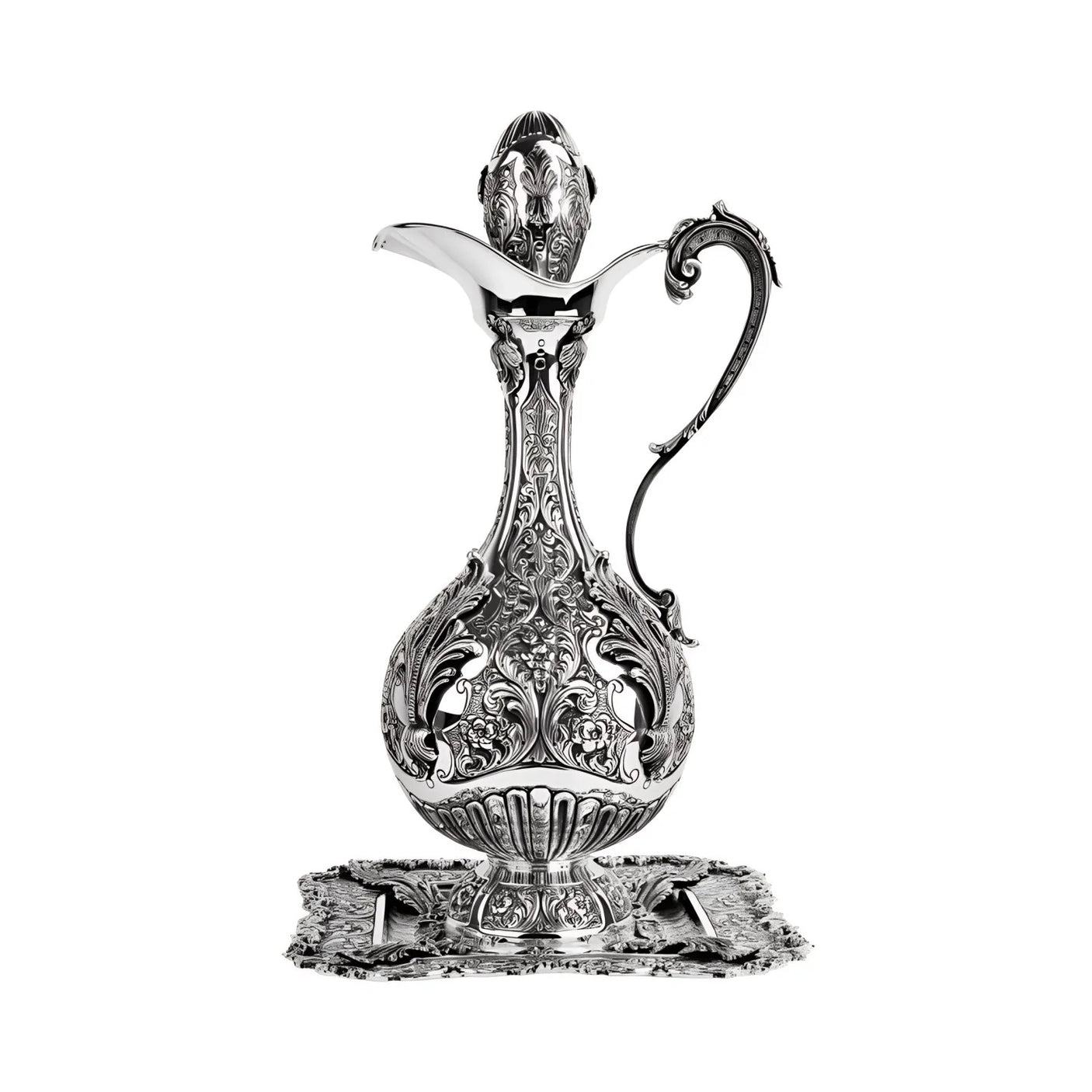 Weinkaraffe-Set 925 Silber Zauberwald — gemeißelte Silberkaraffe auf quadratischem Silbertablett