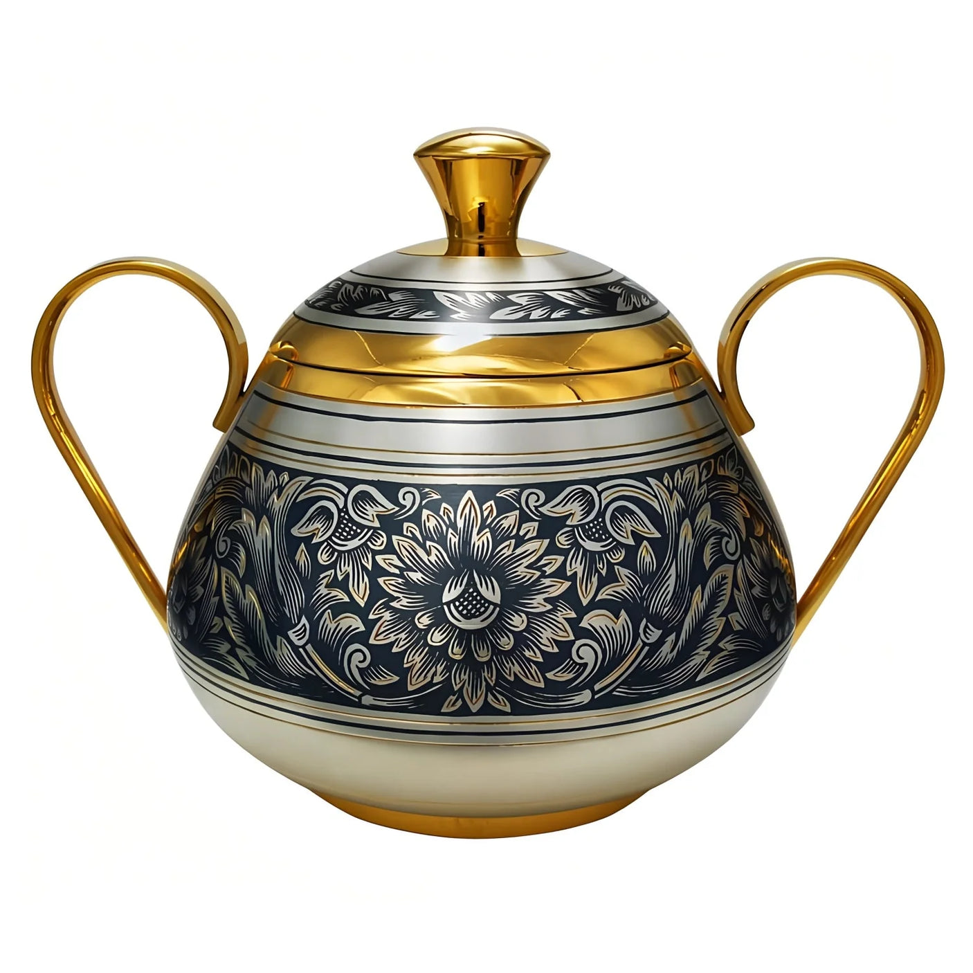 Zuckerdose 925 Silber vergoldet Niello — Deckeldose mit zwei goldenen Henkeln und floralem Niello-Blumenornament, Botanica