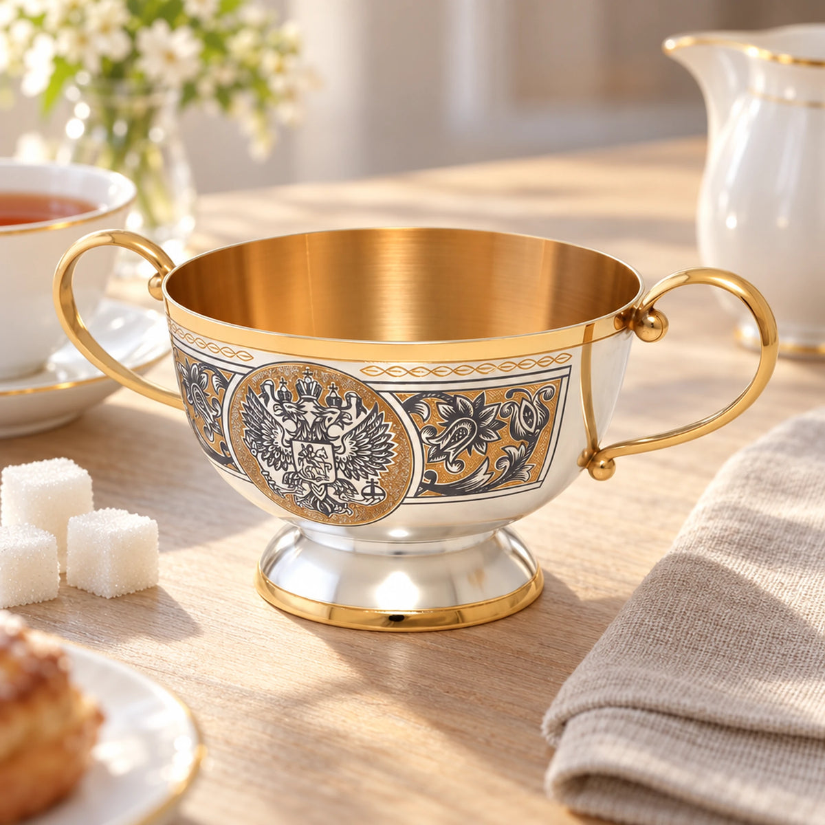 Zuckerdose 925 Silber vergoldet Souverän 200 ml — Lifestyle-Setting am Frühstückstisch