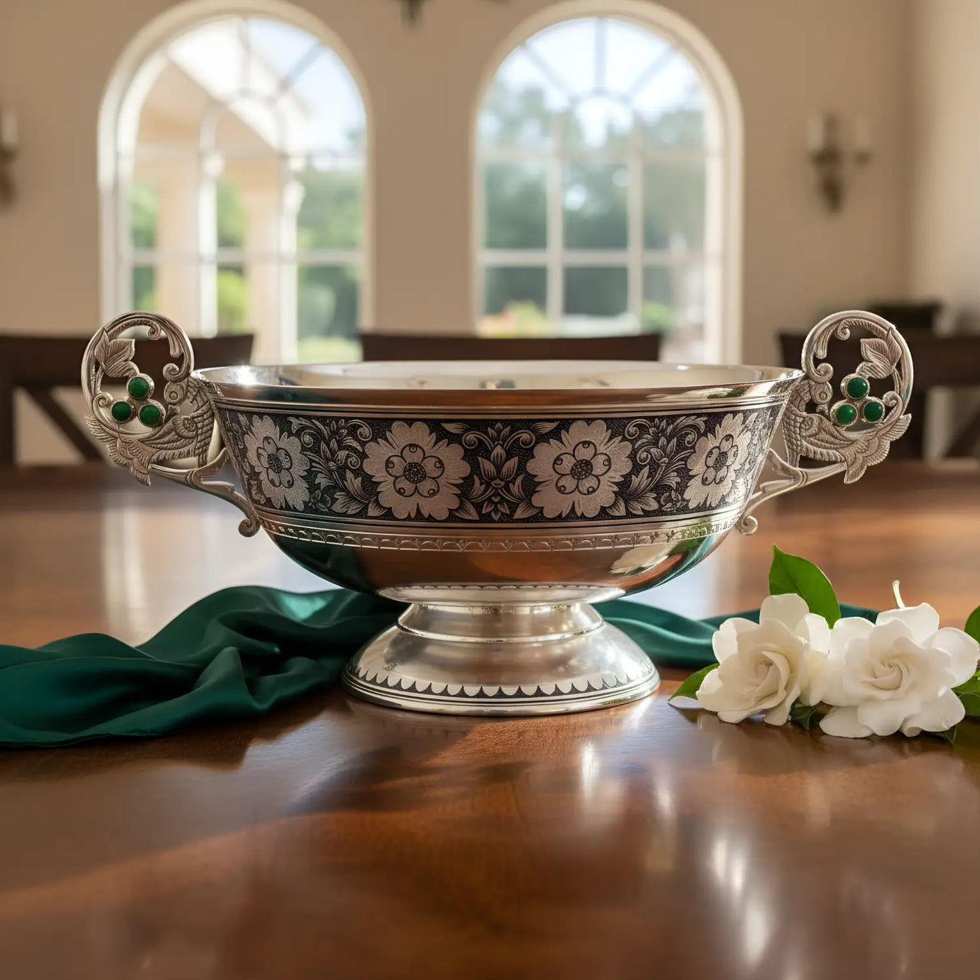 Konfektschale "Für Zwei" – Russisches Niello - Silber 925 mit Chrysopras