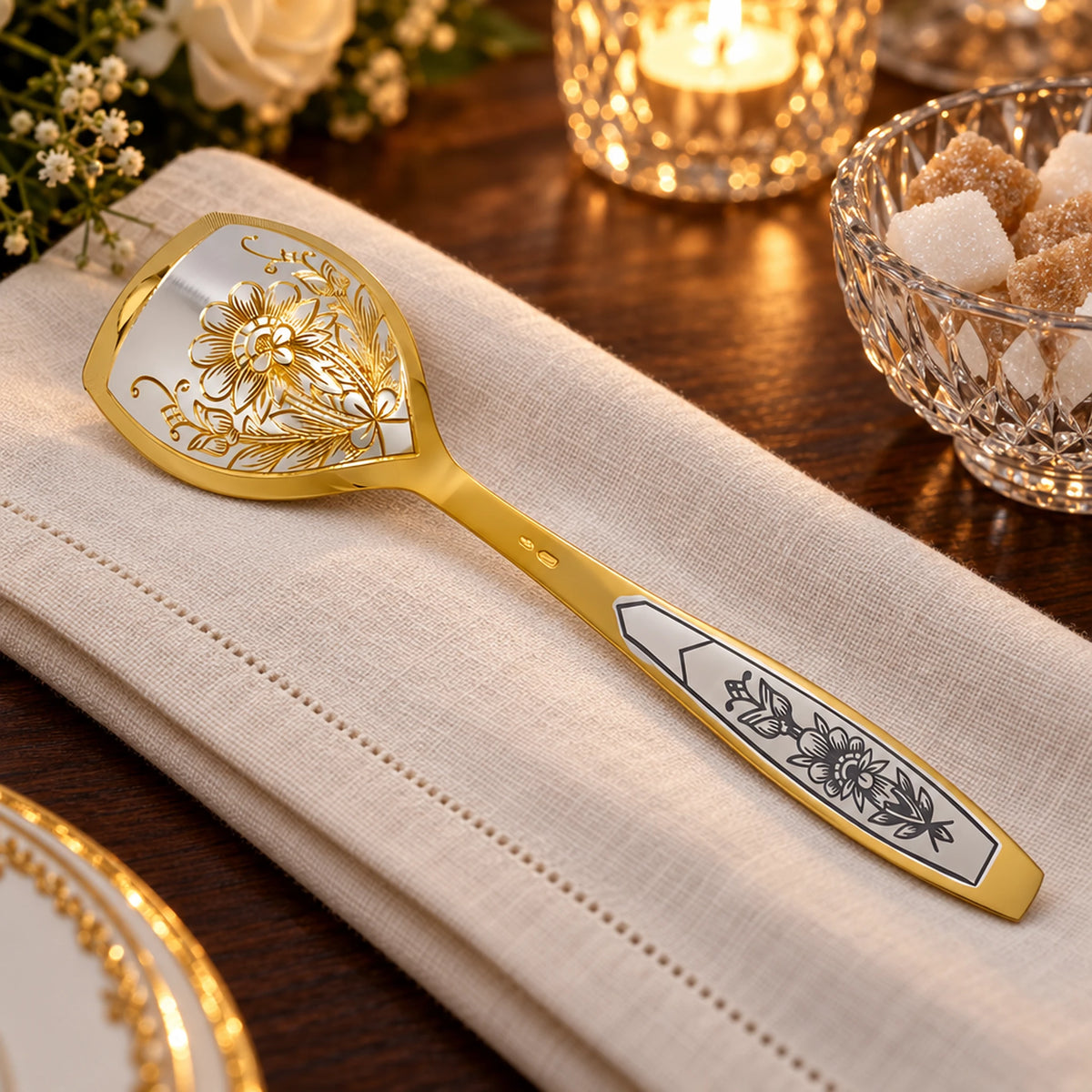 Zuckerlöffel 925 Silber Astra Classic — Lifestyle-Setting an der gedeckten Tafel