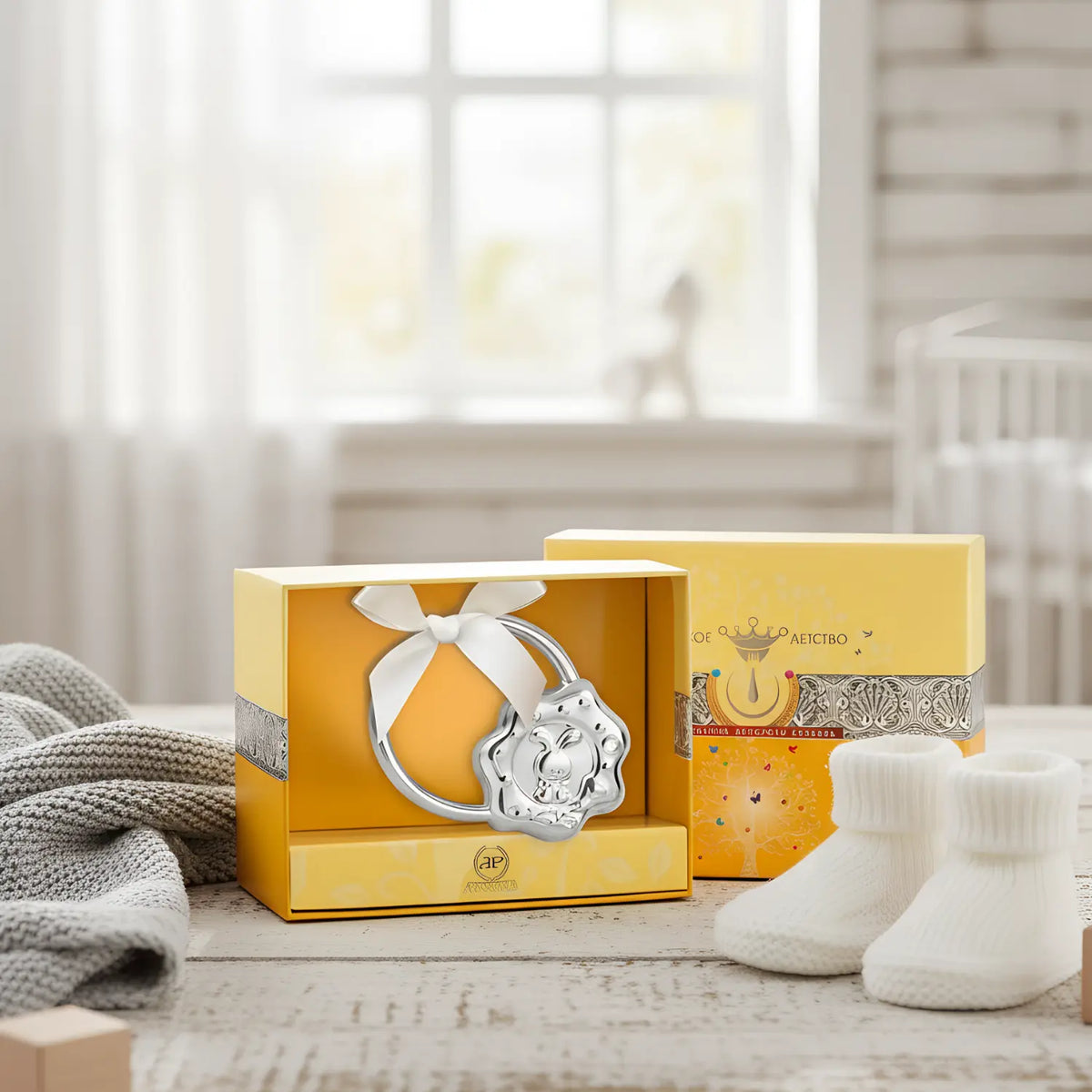 Silberrassel mit Hasen-Scheibe in gelber Geschenkbox — Tradition der Silberrassel zu Geburt und Taufe
