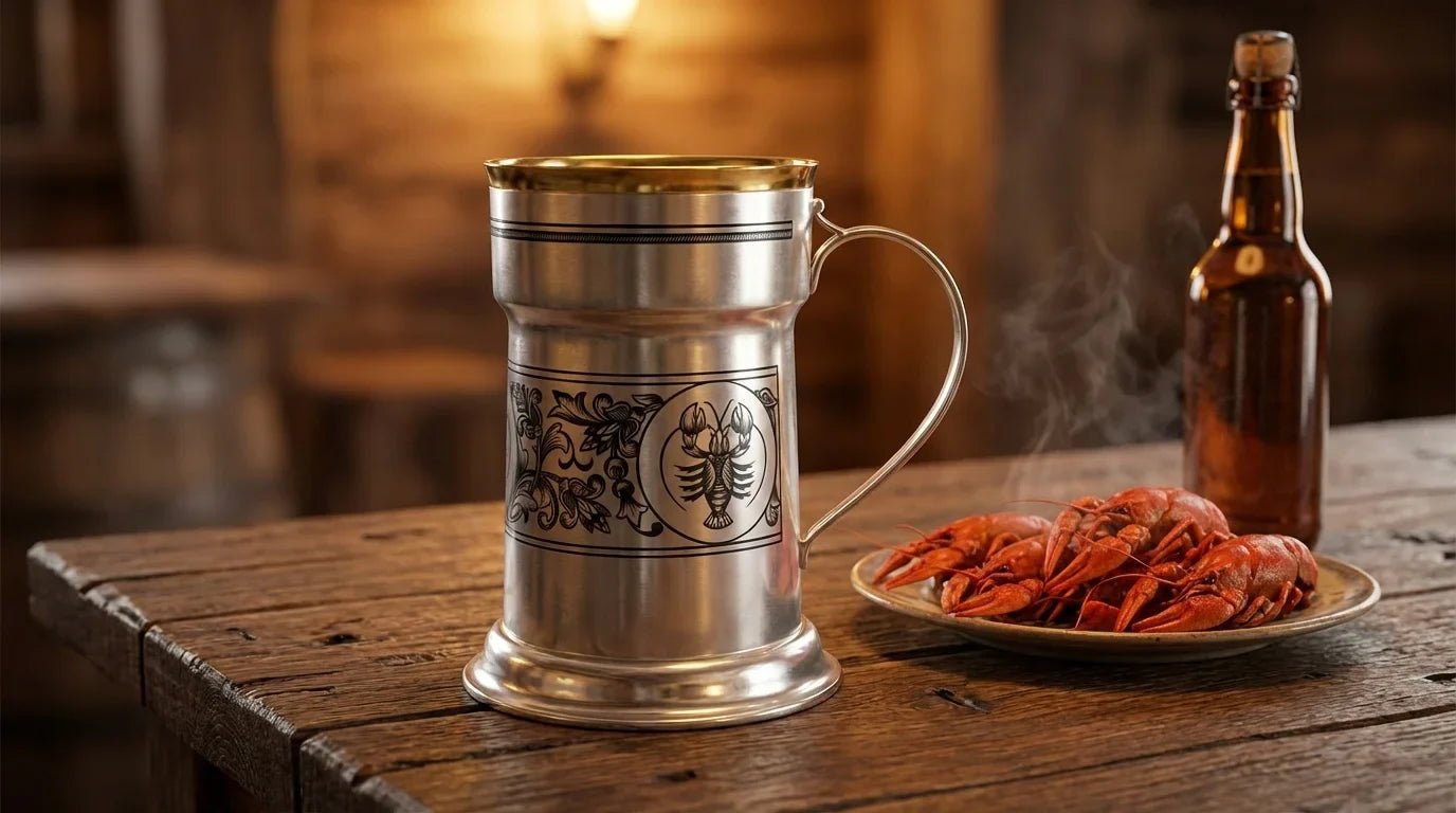Geschenke für Biertrinker — Silber Bierkrug mit Niello und Krebs-Motiv - Premium Geschenkideen
