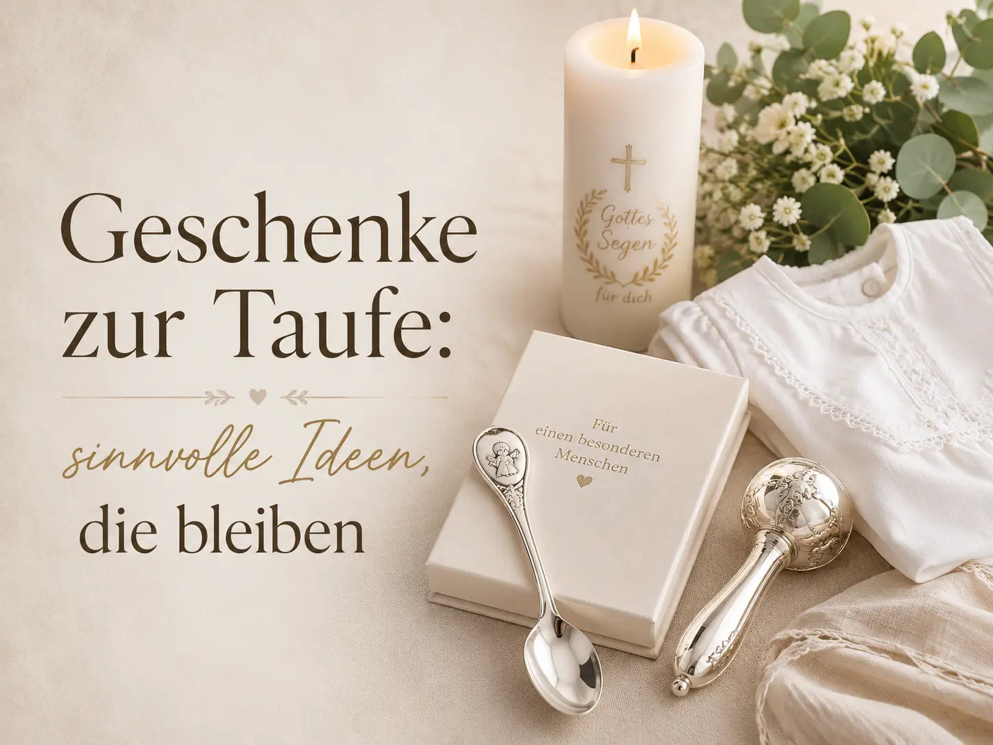 Geschenke zur Taufe mit Taufkerze, Silberlöffel und Babyrassel als bleibende Erinnerungsstücke