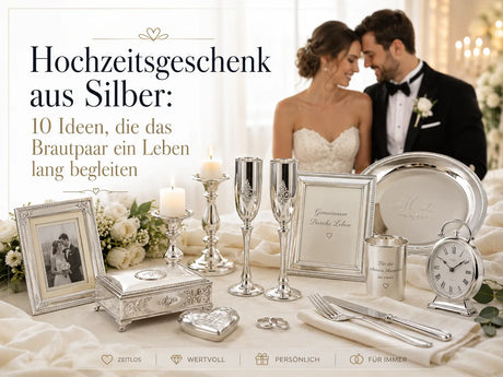 Edle Hochzeitsgeschenke aus Silber mit Bilderrahmen, Kerzenhaltern und Silbertablett für das Brautpaar