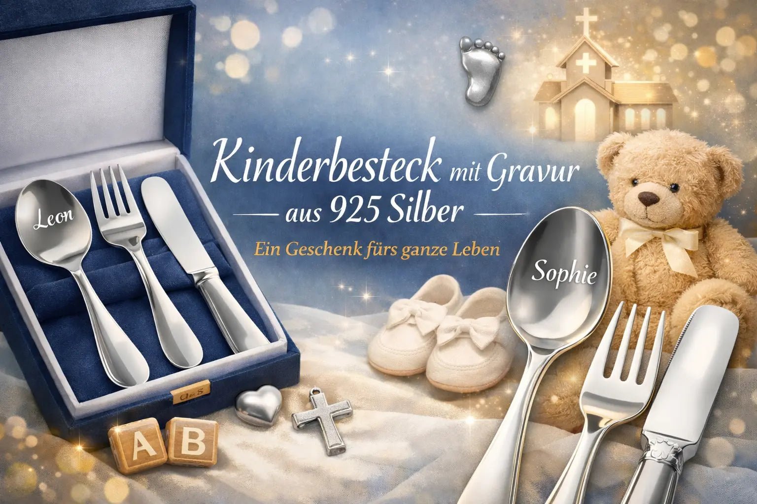 Kinderbesteck mit Gravur aus 925 Silber — Geschenkidee zur Taufe - Premium Geschenkideen
