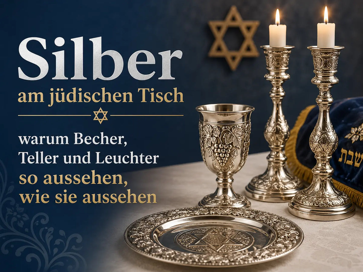 Silber am jüdischen Tisch mit Kidduschbecher, Silberteller und Kerzenleuchtern – traditionelle Judaica und ihre Gestaltung