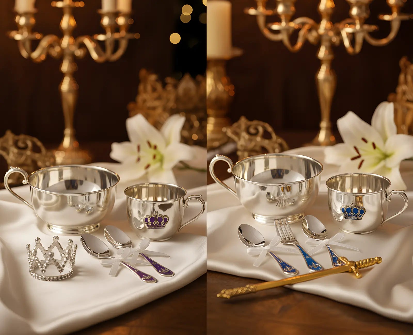 Exklusive Prinz & Prinzessin Baby-Geschenksets aus 925er Silber mit Kronen. Festliche Anordnung mit Kerzen und Lilien für Taufe/Geburt.