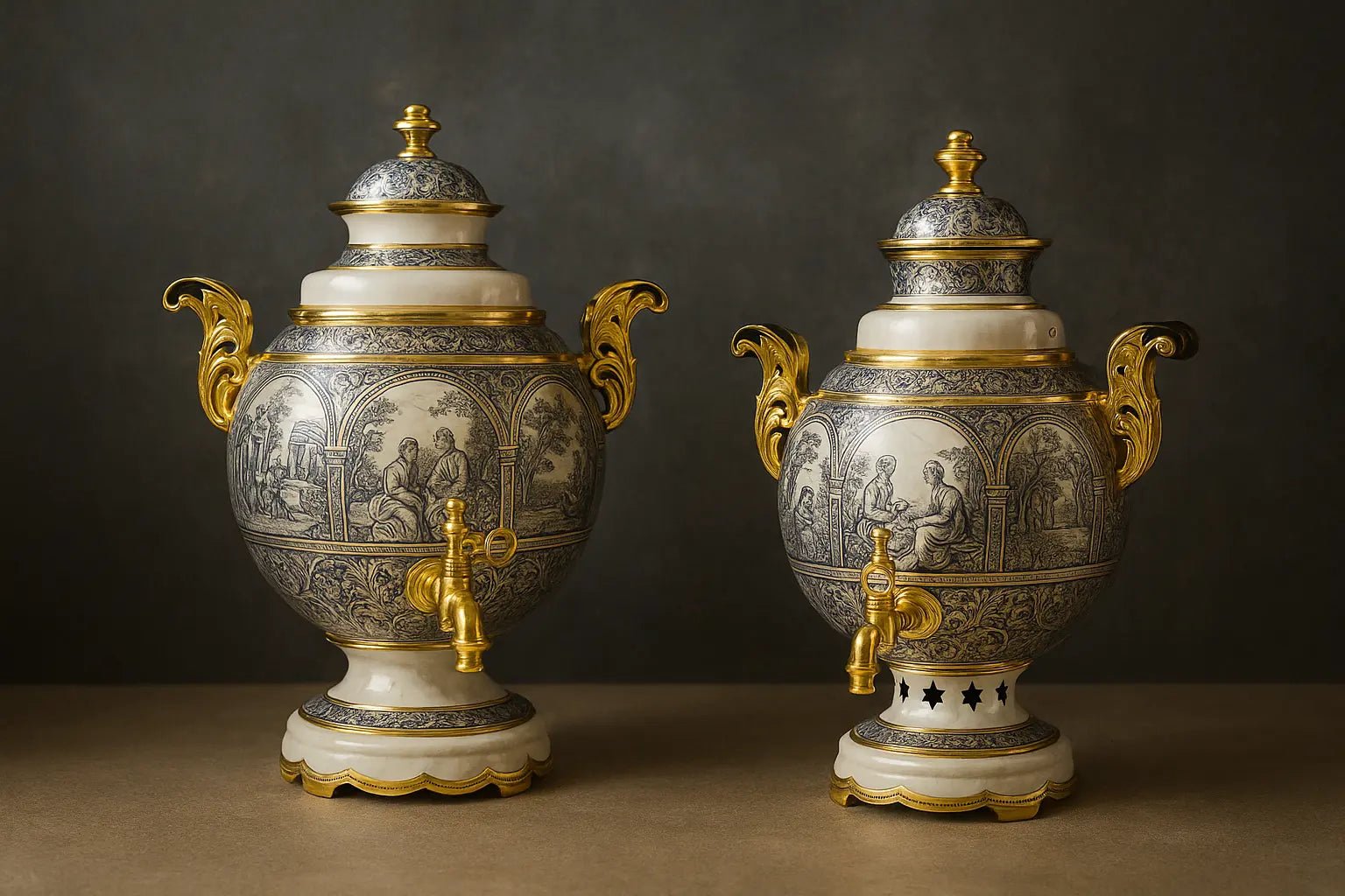 Samowar „Тёплая беседа“ – Goldene Gravuren, schwarze Tiefe, silbernes Feuer - Premium Geschenkideen