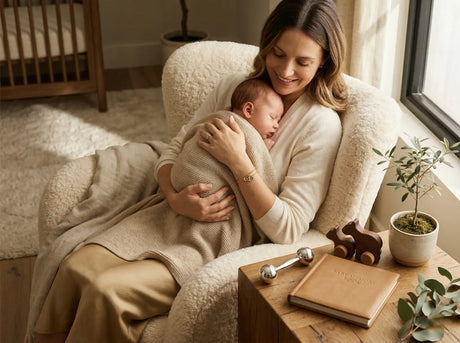 Mutter hält ihr Neugeborenes im Arm, daneben eine Babyrassel aus 925 Silber und Erinnerungsbuch – sinnvolle Geschenke zur Geburt mit bleibendem Wert