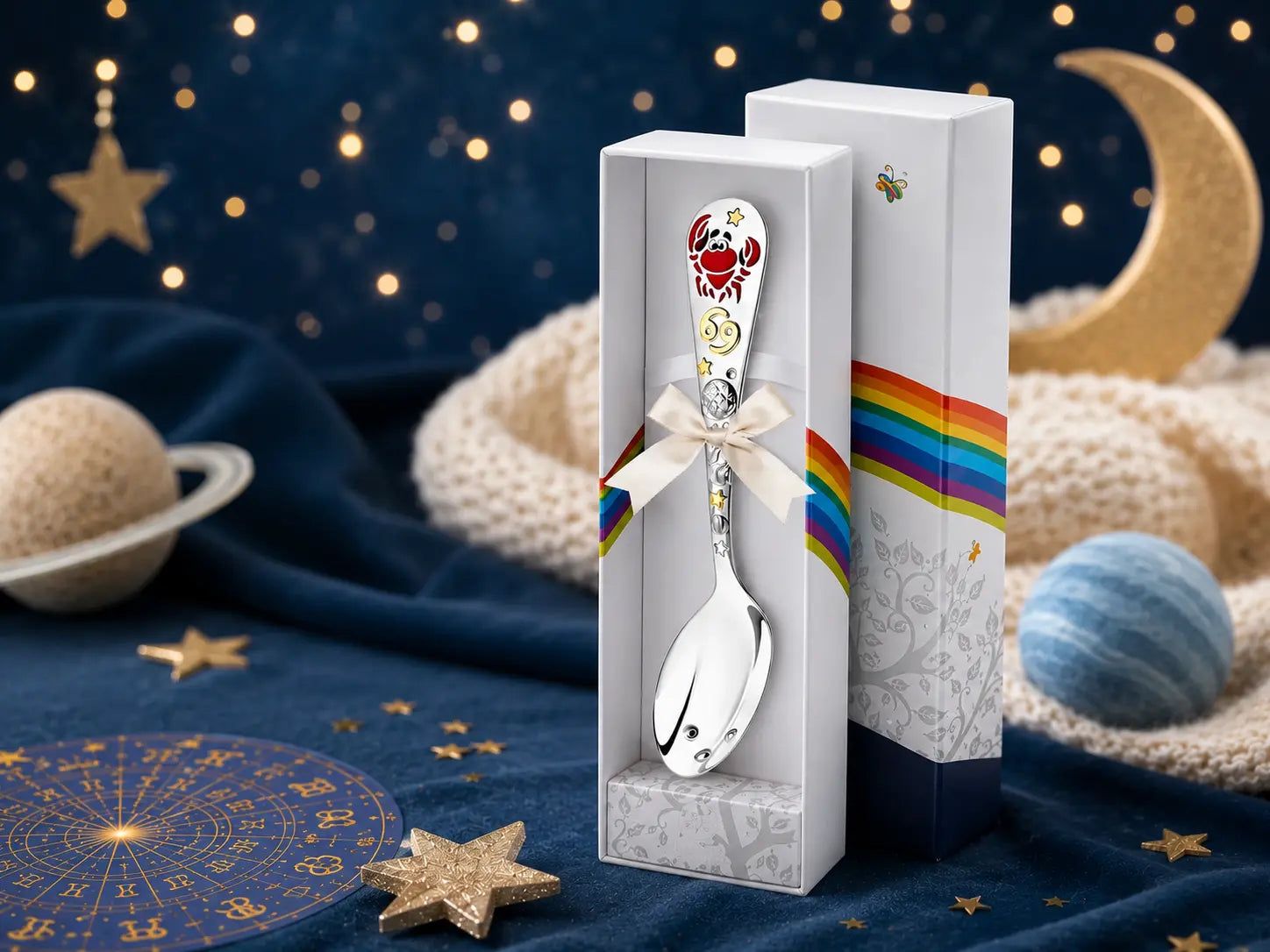 Sternzeichen Krebs Baby mit silbernem Babylöffel als Geschenkidee zur Geburt vor Sternenhimmel und Mond im Studio-Lifestyle-Banner