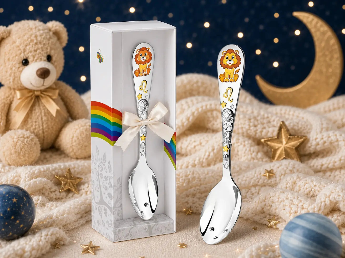 Sternzeichen Löwe Baby mit silbernem Babylöffel als Geschenkidee zur Geburt im Sternenhimmel Banner mit Mond und Teddybär